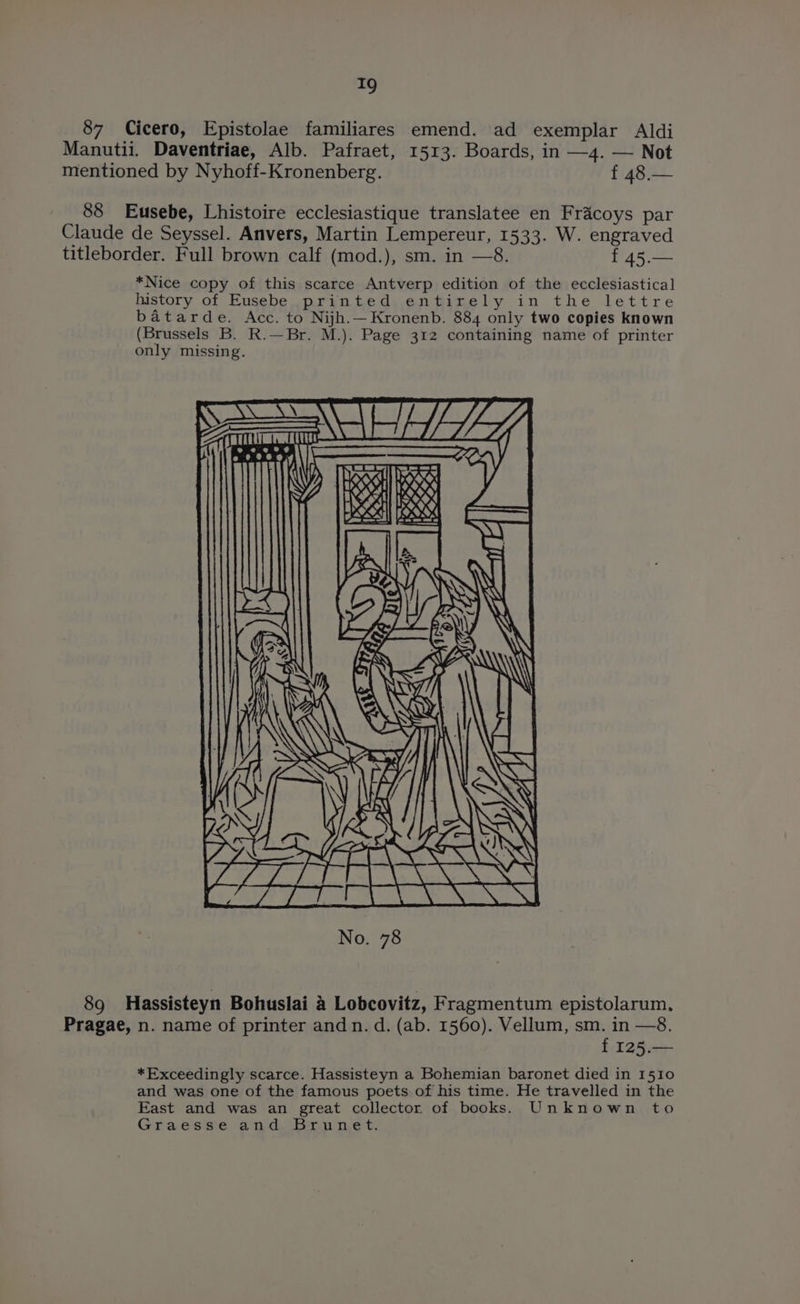 87 Cicero, Epistolae familiares emend. ad exemplar Aldi Manutii. Daventriae, Alb. Pafraet, 1513. Boards, in —4. — Not mentioned by Nyhoff-Kronenberg. f 48,— 88 Eusebe, Lhistoire ecclesiastique translatee en Fracoys par Claude de Seyssel. Anvers, Martin Lempereur, 1533. W. engraved titleborder. Full brown calf (mod.), sm. in —8. f 45.— *Nice copy of this scarce Antverp edition of the ecclesiastical history of Eusebe printed entirely in the lettre batarde. Acc. to Nijh.— Kronenb. 884 only two copies known (Brussels B. R.—Br. M.). Page 312 containing name of printer only missing. Le, AZ RR i ES es ir oe 2 89 Hassisteyn Bohuslai 4 Lobcovitz, Fragmentum epistolarum. Pragae, n. name of printer andn. d. (ab. 1560). Vellum, sm. in —8. f 125.— *Exceedingly scarce. Hassisteyn a Bohemian baronet died in 1510 and was one of the famous poets.of his time. He travelled in the East and was an great collector of books. Unknown to Graes ee and. Ban n¢ t: