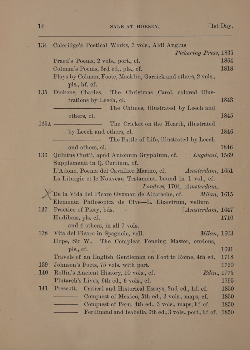 134 Coleridge’s Poetical Works, 3 vols., Aldi Anglus Pickering Press, 1835 Praed’s Poems, 2 vols., port., cl. 1864 Colman’s Poems, 3rd ed., pls., cf. 1818 Plays by Colman, Foote, Macklin, Garrick and others, 2 vols., pls., hf. cf. 135 Dickens, Charles. The Christmas Carol, colored illus- trations by Leech, cl. | 1843 —_—_—_—_—_— The Chimes, illustrated by Leech and others, cl. 1845 135A The Cricket on the Hearth, illustrated by Leech and others, cl. 1846 —__—___—_—_— The Battle of Life, illustrated by Leech and others, cl. 1846 136 Quintus Curtii, apud Antonum Gryphiun, cf. Lugduni, 1569 Supplementi in Q. Curtium, cf. L’Adone, Poema del Cavallier Marino, cf. Amsterdam, 1651 La Liturgie et le Nouveau Testament, bound in 1 vol., cf. Londres, 1704, Amsterdam, X De la Vida del Picaro Gvzman de Alfarache, cf. Milan, 1615 *Elementa Philosopica de Cive—L. Elzevirum, vellum 137 Practice of Piety, bds. 2 | [ Amsterdam, 1647 Hudibras, pls. ef. 1710 and 4 others, in all 7 vols. 138 Vita del Picaro in Spagnole, vell. Milan, 1603 Hope, Sir W., The Compleat Fencing Master, curious, ple: 1538 Travels of an English Gentleman on Foot to Rome, 4th ed. 1718 139 Johnson’s Poets, 75 vols. with port. 1790 _140 Rollin’s Ancient History, 10 vols., cf. J din aa Plutarch’s Lives, 6th ed., 6 vols., ef. dB ers: 141 Prescott. Critical and Historical Essays, 2nd ed., hf. cf. 1850 Conquest of Mexico, 5th ed., 3 vols., maps, cf. 1850 Conquest of Peru, 4th ed., 3 vols., maps, hf. cf. 1850 —-— Ferdinand and Isabella, 6th ed.,3 vols., port., hf.cf. 1850