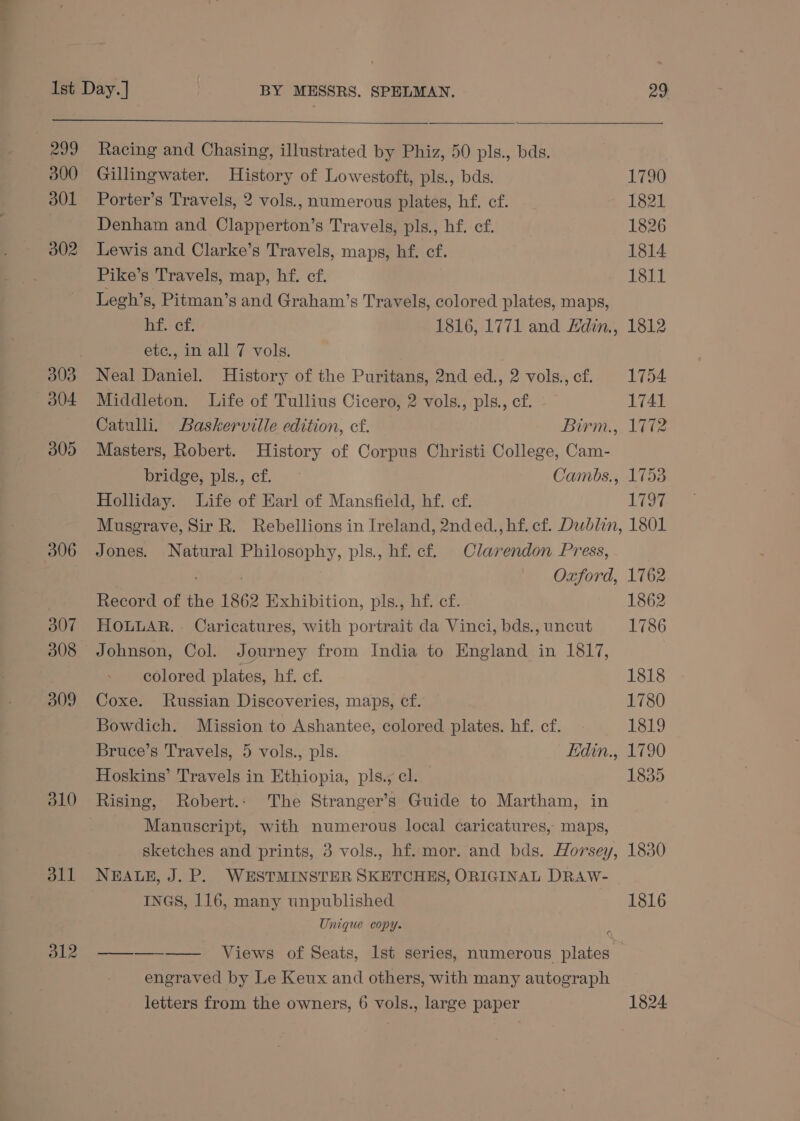 209 300 d01 302 B04 305 306 307 308 309 dl0 dll 312 Racing and Chasing, illustrated by Phiz, 50 pls., bds. Gillingwater. History of Lowestoft, pls., bds. Porter’s Travels, 2 vols., numerous plates, hf. cf. Denham and Clapperton’s Travels, pls., hf. ef. Lewis and Clarke’s Travels, maps, hf. cf. Pike’s Travels, map, hf. cf. Legh’s, Pitman’s and Graham’s Travels, colored plates, maps, hf. cf. 1816, 1771 and Ladin, etc., in all 7 vols. Neal Daniel. History of the Puritans, 2nd ed., 2 vols., cf. Middleton. Life of Tullius Cicero, 2 vols., pls., cf. Catulli. Baskerville edition, cf. Birm., Masters, Robert. History of Corpus Christi College, Cam- bridge, pls., ef. Cambs., Holliday. Life of Earl of Mansfield, hf. cf. Jones. Natural Philosophy, pls., hf. cf. Clarendon Press, Oxford, Record of the 1862 Exhibition, pls., hf. cf. HOLLAR. Caricatures, with portrait da Vinci, bds., uncut Johnson, Col. Journey from India to England in 1817, colored plates, ire. cf. Coxe. Russian Discoveries, maps, cf. Bowdich. Mission to Ashantee, colored plates. hf. cf. Bruce’s Travels, 5 vols., pls. Edin., Hoskins’ Travels in Ethiopia, pls., cl. Rising, Robert.: The Stranger’s Guide to Martham, in Manuscript, with numerous local caricatures, maps, sketches and prints, 3 vols., hf. mor. and bds. Horsey, NEALE, J. P. WESTMINSTER SKETCHES, ORIGINAL DRAW- INGS, 116, many unpublished Unique copy. Views of Seats, Ist series, numerous plates engraved by Le Keux and others, with many autograph letters from the owners, 6 vols., large paper 29 1790 1821 1826 1814 1811 1812 1754 1741 1772 1753 1797 1801 1762 1862 1786 1818 1780 1819 DOL, 1835 1830 1816 1824