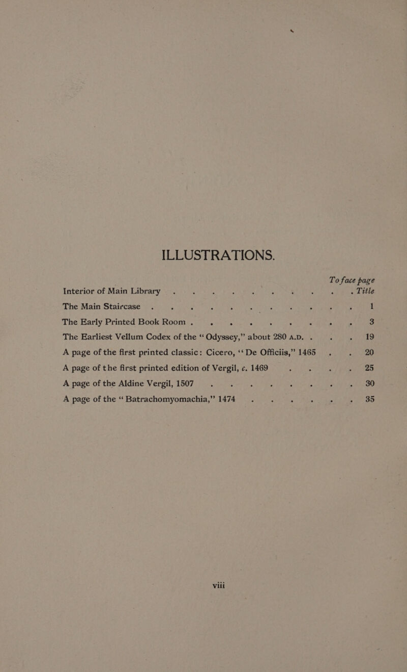 ILLUSTRATIONS. Interior of Main Library The Main Staircase . ‘ . ° : The Early Printed Book Room . . . . ° ° The Earliest Vellum Codex of the ‘‘ Odyssey,” about 280 A.D. . A page of the first printed classic: Cicero, ‘‘ De Officiis,” 1465 A page of the first printed edition of Vergil, c. 1469 A page of the Aldine Vergil, 1507 A page of the ‘‘ Batrachomyomachia,” 1474 : : : Vili