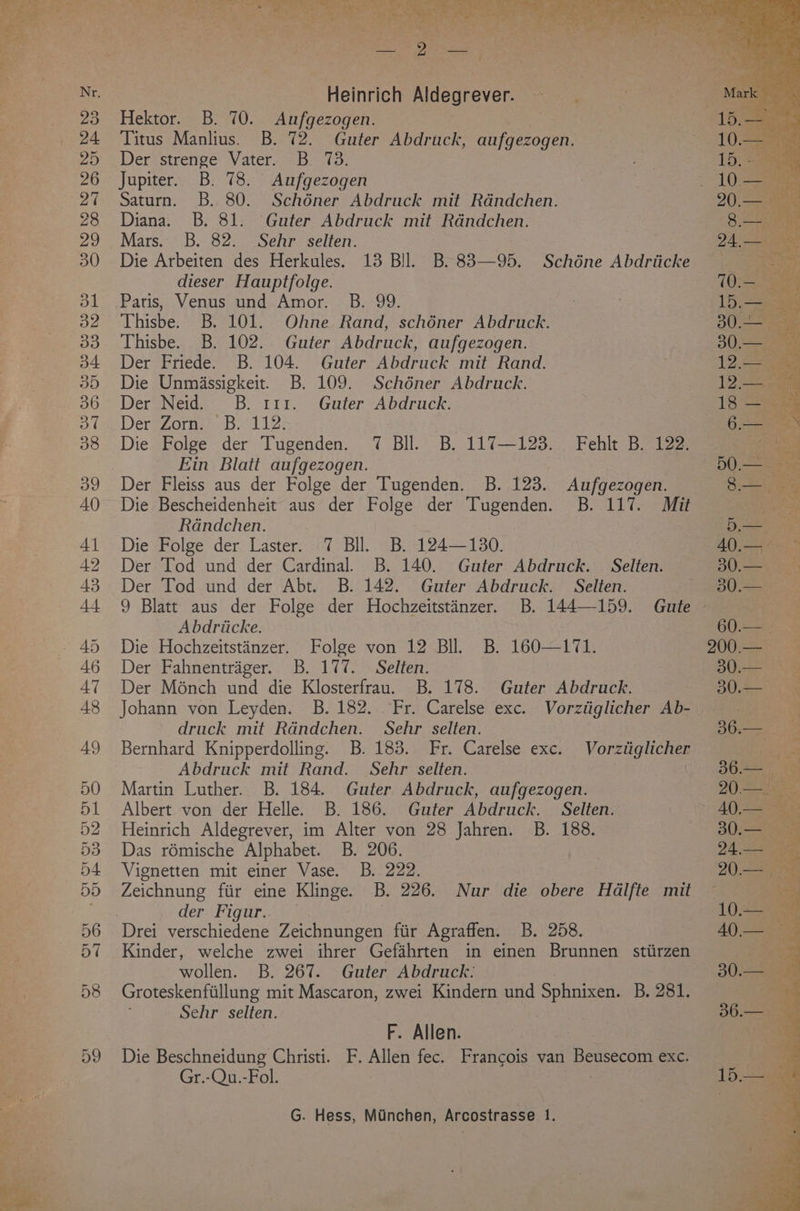 23 24 25 26 27 28 29 30 31 32 33 34 3D 36 37 38 39 AO Al 42 43 44 46 47 48 49 50 51 52 D3 D4 5D 56 57 58 ayy Heinrich Aldegrever. Hektor. B. 70. Aufgezogen. | 7 Titus Manlius. B. 72. Guter Abdruck, aufgezogen. Der strenge Vater. B. 73. Jupiter. B. 78. Aufgezogen Saturn. B. 80. Schéner Abdruck mit Rdndchen. Diana. B. 81. Guter Abdruck mit Rdndchen. Mars. B. 82. Sehr selten. Die Arbeiten des Herkules. 13 BJl. B.83—95. Schéne Abdriicke dieser Hauptfolge. Paris, Venus und Amor. B. 99. Thisbe. B. 101. Ohne Rand, schéner Abdruck. Thisbe. B. 102. Guter Abdruck, aufgezogen. Der Friede. B. 104. Guter Abdruck mit Rand. Die Unmassigkeit. B. 109. Schéner Abdruck. Der Neid. B. 111. Guter Abdruck. Der Zorn. B. 112. Die Folge der Tugenden. 7 Bll. B, 117—123. Fehlt B. 122. et Ein Blatt aufgezogen. 50. eae Der Fleiss aus der Folge der Tugenden. B. 123. Aufgezogen. 8.— (a8 Die Bescheidenheit aus der Folge der Tugenden. B. 117. Mit Ua tea Rdndchen. 5b Die Folge der Laster. 7 Bll. B. 124—130. 40.— Der Tod und der Cardinal. B. 140. Guter Abdruck. Selten. BOs eS Der Tod und der Abt. B. 142. Guter Abdruck. Selten. 30.— _ 9 Blatt aus der Folge der Hochzeitstinzer. B. 144—159. Gute - 2 Abdriicke. 60.— _ Die Hochzeitstinzer. Folge von 12 Bll. B. 160—171. 200.— Der Fahnentrager. B. 177. Selten. 30.— Der Monch und die Klosterfrau. B. 178. Guter Abdruck. BAU Seca Johann von’ Leyden. B. 182...°Fr. Carelse exc., Vorziiglicher AbD- )¥iia) druck mit Rdndchen. Sehr selten. ie Bernhard Knipperdolling. B. 183. Fr. Carelse exc. Vorztiglicher Abdruck mit Rand. Sehr selten. ee Martin Luther. B. 184. Guter Abdruck, aufgezogen. Albert von der Helle. B. 186. Guter Abdruck. Selten. Heinrich Aldegrever, im Alter von 28 Jahren. B. 188. Das rémische Alphabet. B. 206. Vignetten mit einer Vase. B, 222. Zeichnung fiir eine Klinge. B. 226. Nur die obere Hadlfte mit deruligur ak. | wollen. B. 267. Guter Abdruck: Groteskenfiillung mit Mascaron, zwei Kindern und Sphnixen. B. 281. Sehr selten. F. Allen. Die Beschneidung Christi. F. Allen fec. Francois van Beusecom exc. Gr.-Qu.-Fol.