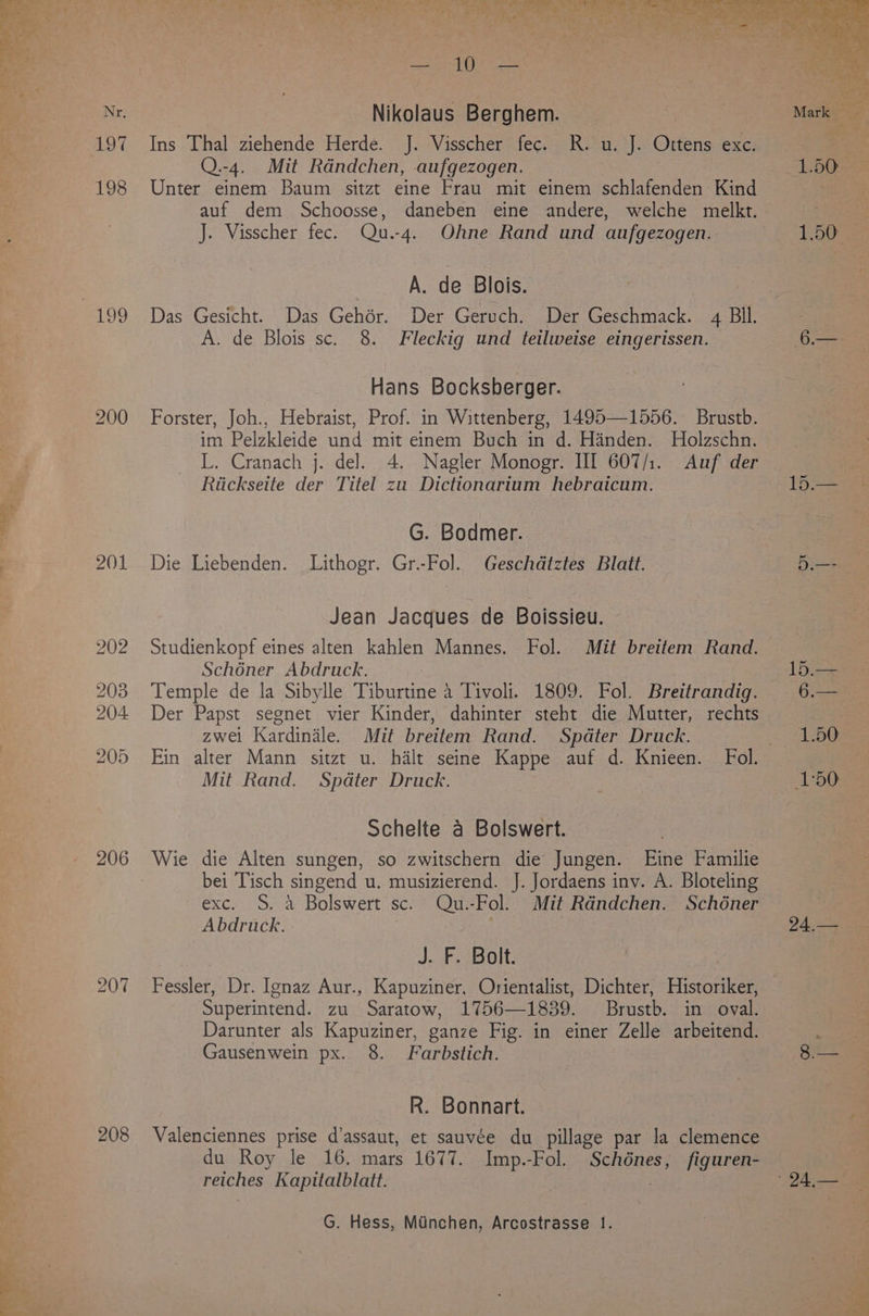 107 198 201 206 207 208 Ve ae, eee ae Bee a) as oe eae : : e.g ee ex Dis J ‘ Bh alah ge DTN St 9 Yate. of SAW a By A ere Pree beth ee ee eee es LMS pee ee athe tye ee as St Nikolaus Berghem. Ins Thal ziehende Herde. J. Visscher fec. R. u. J. Ottens exc. Q.-4. Mit Rdndchen, aufgezogen. Unter einem Baum sitzt eine Frau mit einem schlafenden Kind auf dem Schoosse, daneben eine andere, welche melkt. J. Visscher fec. Qu.-4. Ohne Rand und aufgezogen. A. de Blois. A. de Blois sc. 8. Fleckig und teilweise eingerissen. Hans Bocksberger. Forster, Joh., Hebraist, Prof. in Wittenberg, 1495—1556. Brustb. im Pelzkleide und mit einem Buch in d. Handen. Holzschn. L. Cranach j. del. 4. Nagler Monogr. III 607/1. Auf der Riicksette der Titel zu Dictionarium hebraicum. G. Bodmer. Die Liebenden. Lithogr. Gr.-Fol. Geschdtztes Blatt. Jean Jacques de Boissieu. Studienkopf eines alten kahlen Mannes. Fol. Mit breitem Rand. Schéner Abdruck. Temple de la Sibylle Tiburtine 4 Tivoli. 1809. Fol. Breitrandig. Der Papst segnet vier Kinder, dahinter steht die Mutter, rechts zwei Kardinale. Mit breitem Rand. Spdter Druck. Ein alter Mann sitzt u. halt seine Kappe auf d. Knieen. Fol. Mit Rand. Spdter Druck. Schelte a Bolswert. Wie die Alten sungen, so zwitschern die Jungen. Eine Familie bei Tisch singend u. musizierend. J. Jordaens inv. A. Bloteling exc. S. a Bolswert sc. Qu.-Fol. Mit Rdndchen. Schéner Abdruck. | J. F. Bolt. Fessler, Dr. Ignaz Aur., Kapuziner, Orientalist, Dichter, Historiker, Superintend. zu Saratow, 1756—1839. Brustb. in oval. Darunter als Kapuziner, ganze Fig. in einer Zelle arbeitend. Gausenwein px. 8. Farbstich. R. Bonnart. Valenciennes prise d’assaut, et sauvée du pillage par la clemence du Roy le 16. mars 1677. Imp.-Fol. Schénes, figuren- reiches Kapitalblatt. :