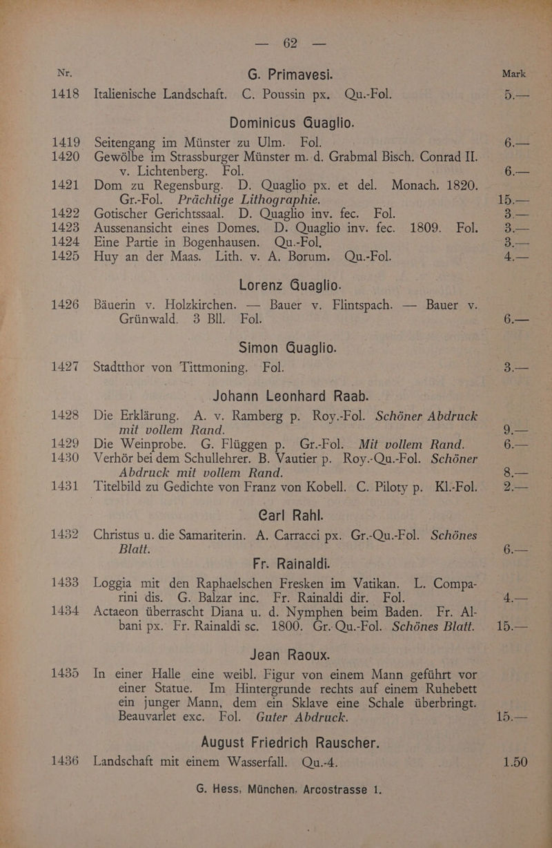 1418 1419 1420 1421 1422 1423 1424 1425 1426 1427 1428 1429 1430 1431 1432 1433 1434 1435 1436 eda <7) Re eae G. Primavesi. Italienische Landschaft. C. Poussin px. Qu.-Fol. Dominicus Quaglio. Seitengang im Miinster zu Ulm. Fol. Gewéolbe im Strassburger Miinster m. d. Grabmal Bisch. Conrad II. v. Lichtenberg. Fol. Dom zu Regensburg. D. Quaglio px. et del. Monach. 1820. Gr.-Fol. Prdchtige Lithographie, Gotischer Gerichtssaal. D. Quaglio inv. fec. Fol. Aussenansicht eines Domes. D. Quaglio inv. fec. 1809. Fol. Eine Partie in Bogenhausen. Qu.-Fol, Huy an der Maas. Lith. v. A. Borum. Qu.-Fol. Lorenz Quaglio. Bauerin v. Holzkirchen. — Bauer v. Flintspach. — Bauer v. Griinwald. 3 Bll. Fol. Simon Quaglio. Stadtthor von Tittmoning. Fol. Johann Leonhard Raab. Die Erklarung. A. v. Ramberg p. Roy.-Fol. Schéner Abdruck mit vollem Rand. Die Weinprobe. G. Fliiggen p. Gr.-Fol. Mit vollem Rand. Verhoér bei dem Schullehrer. B. Vautier p. Roy.-Qu.-Fol. Schéner Abdruck mit vollem Rand. Carl Rahl. Christus u. die Samariterin. A. Carracci px. Gr.-Qu.-Fol. Schénes Blatt. Fr. Rainaldi. rini dis. G. Balzar inc. Fr. Rainaldi dir. Fol. Actaeon tiberrascht Diana u. d. Nymphen beim Baden. Fr. Al- bani px. Fr. Rainaldi sc. 1800. Gr. Qu.-Fol. Schénes Blatt. Jean Raoux. In einer Halle eine weibl. Figur von einem Mann gefihrt vor einer Statue. Im Hintergrunde rechts auf einem Ruhebett ein junger Mann, dem ein Sklave eine Schale iiberbringt. Beauvarlet exc. Fol. Guter Abdruck. August Friedrich Rauscher. Landschaft mit einem Wasserfall. Qu.-4. 15.—