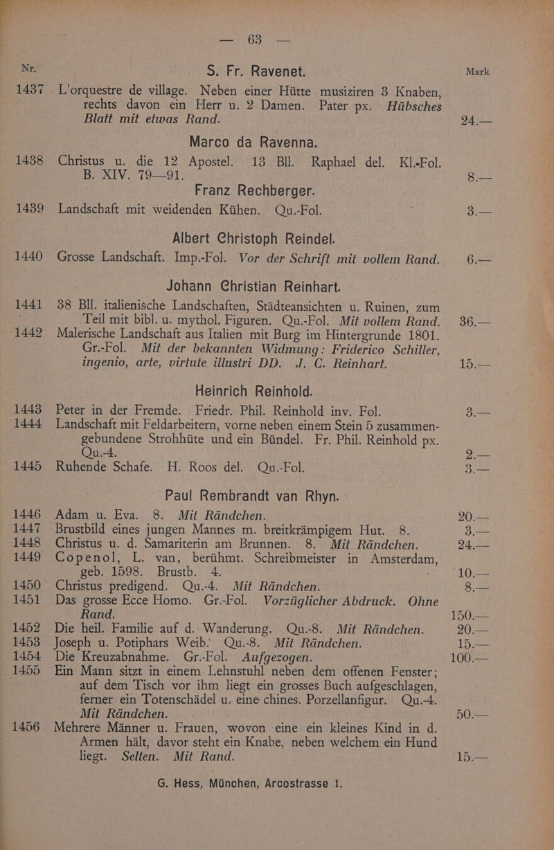 Nr, 145% 1438 1439 ae Bo at S. Fr. Ravenet. L’orquestre de village. Neben einer Hiitte musiziren 3 Knaben, rechts davon ein Herr u. 2 Damen. Pater px. Hlibsches Blatt mit etwas Rand. Marco da Ravenna. Christus u. die 12 Apostel. 13 Bil. Raphael del. K1-Fol. B. XIV. 79—91. Franz Rechberger. Landschaft mit weidenden Kiihen. Qu.-Fol. Albert Christoph Reindel. Grosse Landschaft. Imp.-Fol. Vor der Schrift mit vollem Rand. Johann Christian Reinhart. 38 BIl. italienische Landschaften, Stidteansichten u. Ruinen, zum Teil mit bibl. u. mythol. Figuren. Qu.-Fol. Mit vollem Rand. Malerische Landschaft aus Italien mit Burg im Hintergrunde 1801. Gr,-Fol. Mit der bekannten Widmung: Friderico Schiller, ingenio, arte, virtute illustri DD. J, C. Reinhart. Heinrich Reinhold. Peter in der Fremde. . Friedr. Phil. Reinhold inv. Fol. Landschaft mit Feldarbeitern, vorne neben einem Stein 5 zusammen- gebundene Strohhiite und ein Bindel. Fr. Phil. Reinhold px. Qu.-4. Ruhende Schafe. H. Roos del. Qu.-Fol. Paul Rembrandt van Rhyn. Adam u. Eva. 8. Mit Rdndchen. Brustbild eines jungen Mannes m. breitkrampigem Hut. 8. Christus u. d. Samariterin am Brunnen. 8. Mit Randchen. Copenol, L. van, berthmt. Schreibmeister in Amsterdam, peo toads... Brush. 4, ; Christus predigend. Qu.-4. Mit Randchen. Das grosse Ecce Homo. Gr.-Fol. Vorziiglicher Abdruck. Ohne Rand. Die heil. Familie auf d. Wanderung. Qu.-8. Mit Rdndchen. Joseph u. Potiphars Weib: Qu.-8. Mit Rdndchen. Die Kreuzabnahme. Gr.-Fol. Aufgezogen. Ein Mann sitzt in einem Lehnstuhl neben dem offenen Fenster; auf dem Tisch vor ihm liegt ein grosses Buch aufgeschlagen, ferner ein Totenschadel u. eine chines. Porzellanfigur. Qu.-4. Mit Rdndchen. Mehrere Manner u. Frauen, wovon eine ein kleines Kind in d. Armen hilt, davor steht ein Knabe, neben welchem ein Hund liegt. Selten. Mit Rand. G. Hess, Miinchen, Arcostrasse 1. Mark 24,— 20.— 3.— 24,— 10.— 8.— 150.— 20.— 15.— 100.— 50.— 15.—