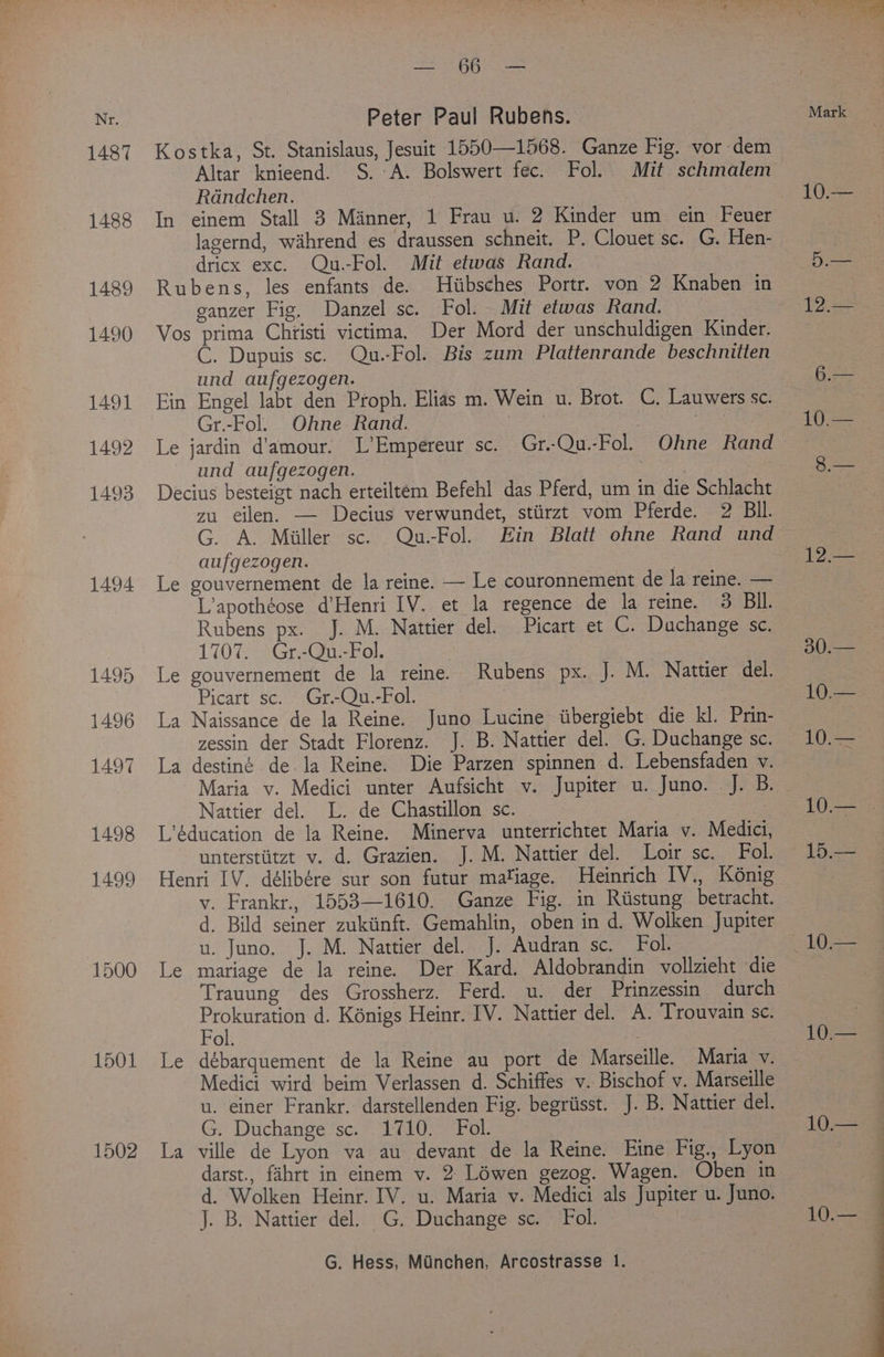 1487 1488 1489 1490 1491 1492 1493 1494 1495 1496 1497 1498 1499 1500 1501 1502 mamta; pa Peter Paul Rubens. Kostka, St. Stanislaus, Jesuit 1550—1568. Ganze Fig. vor dem Altar knieend. S.A. Bolswert fec. Fol. Mit schmalem Radndchen. In einem Stall 3 Manner, 1 Frau u. 2 Kinder um ein Feuer lagernd, wihrend es draussen schneit, P. Clouet sc. G. Hen- dricx exc. Qu.-Fol. Mit etwas Rand. Rubens, les enfants de. Hiibsches Portr. von 2 Knaben in ganzer Fig. Danzel sc. Fol. Mit etwas Rand. Vos prima Chiisti victima. Der Mord der unschuldigen Kinder. C. Dupuis sc. Qu.-Fol. Bis zum Plattenrande beschnitten und aufgezogen. Ein Engel labt den Proph. Elias m. Wein u. Brot. C. Lauwers sc. Gr.-Fol. Ohne Rand. . Le jardin d’amour. L’Empereur sc. Gr.Qu.-Fol. Ohne Rand und aufgezogen. 3 Decius besteigt nach erteiltem Befehl das Pferd, um in die Schlacht zu eilen. — Decius verwundet, stiirzt vom Pferde. 2 BIl. G. A. Miller sc. Qu.-Fol. Hin Blatt ohne Rand und aufgezogen. 3 Le gouvernement de la reine. — Le couronnement de la reine. — L’apothéose d’Henri IV. et la regence de la reine. 3 BIl. Rubens px. J. M. Nattier del. Picart et C. Duchange sc. 1707. Gr.-Qu.-Fol. Le gouvernement de la reine. Rubens px. J. M. Nattier del. Picart sc. Gr-Qu.-Fol. La Naissance de la Reine. Juno Lucine tibergiebt die kl. Prin- zessin der Stadt Florenz. J. B. Nattier del. G. Duchange sc. La destiné de la Reine. Die Parzen spinnen d. Lebensfaden v. Maria v. Medici unter Aufsicht v. Jupiter u. Juno. J. B. Nattier del. L. de Chastillon sc. : L’éducation de la Reine. Minerva unterrichtet Maria v. Medici, unterstiitzt v. d. Grazien. J. M. Nattier del. Loir sc. Fol. Henri IV. délibére sur son futur matiage. Heinrich IV., Konig v. Frankr., 1553—1610. Ganze Fig. in Ristung betracht. d. Bild seiner zukiinft. Gemahlin, oben in d. Wolken Jupiter u. Juno. J. M. Nattier del. J. Audran sc. Fol. Le mariage de la reine. Der Kard. Aldobrandin vollzieht die Trauung des Grossherz. Ferd. u. der Prinzessin durch eee d. Kénigs Heinr. IV. Nattier del. A. Trouvain sc. Fol. Le débarquement de la Reine au port de Marseille. Maria v. Medici wird beim Verlassen d. Schiffes v. Bischof v. Marseille u. einer Frankr. darstellenden Fig. begriisst. J. B. Nattier del. G. Duchange sc. 1710. Fol. La ville de Lyon va au devant de la Reine. Eine Fig., Lyon darst., fahrt in einem v. 2 Lowen gezog. Wagen. Oben in d. Wolken Heinr. IV. u. Maria v. Medici als Jupiter u. Juno. J. B. Nattier del. G. Duchange sc. Fol. G. Hess, Miinchen, Arcostrasse 1. Mark 12.5= 30a 10 igs 10.— 15.— i 10;—