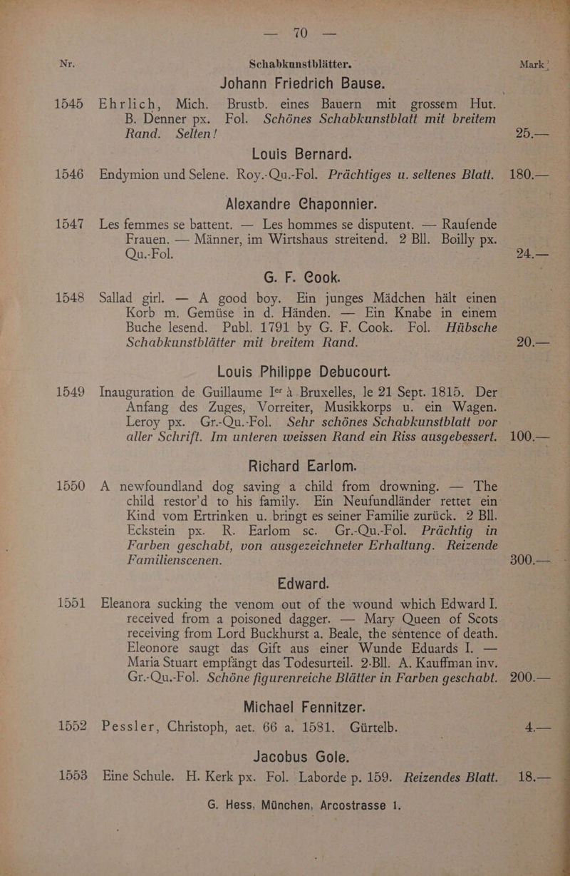 1545 1546 1547 1548 1549 1550 1552 1553 Schabkunstblitter. Johann Friedrich Bause. B. Denner px. Fol. Schénes Schabkunstblatt mit breitem Rand. Selten! Louis Bernard. Endymion und Selene. Roy.-Qu.-Fol. Prdchtiges u. seltenes Blatt. Alexandre Chaponnier. Les femmes se battent. — Les hommes se disputent. — Raufende Frauen. — Manner, im Wirtshaus streitend. 2 Bll. Boilly px. Qu.-Fol. : G. F. Cook. Sallad girl — A good boy. Ein junges Madchen halt einen Korb m. Gemiise in d. Hinden. — Ein Knabe in einem Buche lesend. Publ. 1791 by G..F. Cook. Fol. Htibsche Schabkunstbldatter mit brettem Rand. Louis Philippe Debucourt. Inauguration de Guillaume I* 4 Bruxelles, le 21 Sept. 1815. Der Anfang des Zuges, Vorreiter, Musikkorps u. ein Wagen. Leroy px. Gr-Qu.-Fol. Sehr schénes Schabkunstblatt vor aller Schrift. Im unteren weissen Rand ein Riss ausgebessert. Richard Earlom. A newfoundland dog saving a child from drowning. — The child restor’'d to his family. Ein Neufundlander rettet ein Kind vom Ertrinken u. bringt es seiner Familie zurtick. 2 Bll. Eckstein px. R. Earlom sc. Gr.-Qu.-Fol. Prdchtig in Farben geschabt, von ausgezeichneter Erhaltung. Reizende Familienscenen. Edward. | Eleanora sucking the venom out of the wound which Edward I. received from a poisoned dagger. — Mary Queen of Scots receiving from Lord Buckhurst a. Beale, the sentence of death. Eleonore saugt das Gift aus einer Wunde Eduards I. — Maria Stuart empfangt das Todesurteil. 2-Bll. A. Kauffman inv. Gr.-Qu.-Fol. Schéne figurenreiche Blatter in Farben geschabt. Michael Fennitzer. Pessler, Christoph, aet. 66 a. 1581. Giirtelb. Jacobus Gole. Fine Schule. H. Kerk px. Fol. Laborde p. 159. Reizendes Blatt. G. Hess, Minchen, Arcostrasse 1. 25.— 180.— 24.— 20 100.—_ 300.—. -