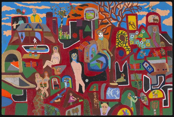 Stylized figures and animals surrounded by red borders.