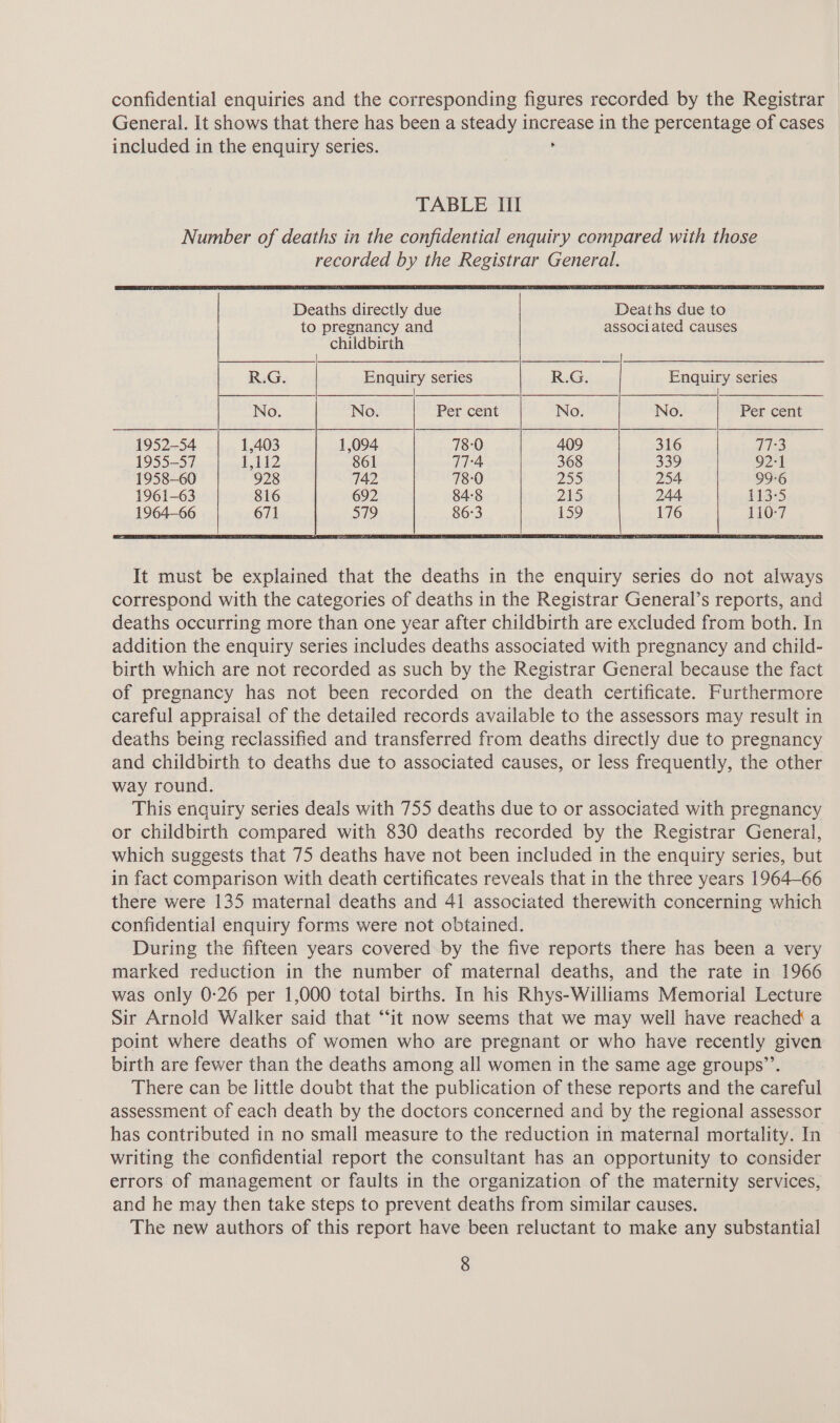 confidential enquiries and the corresponding figures recorded by the Registrar | General. It shows that there has been a steady increase in the percentage of cases _ included in the enquiry series. . TABLE Hl Number of deaths in the confidential enquiry compared with those recorded by the Registrar General. Deaths directly due Deaths due to to pregnancy and associated causes childbirth Enquiry series K..G; Enquiry series No. Per cent No. No. Per cent 1952-54 1,094 78-0 409 316 77:3 1955-57 861 717°-4 368 339 92:1 1958-60 742 78:0 255 254 99-6 1961-63 84-8 1964—66 86°3 It must be explained that the deaths in the enquiry series do not always correspond with the categories of deaths in the Registrar General’s reports, and deaths occurring more than one year after childbirth are excluded from both. In addition the enquiry series includes deaths associated with pregnancy and child- birth which are not recorded as such by the Registrar General because the fact of pregnancy has not been recorded on the death certificate. Furthermore careful appraisal of the detailed records available to the assessors may result in deaths being reclassified and transferred from deaths directly due to pregnancy and childbirth to deaths due to associated causes, or less frequently, the other way round. This enquiry series deals with 755 deaths due to or associated with pregnancy or childbirth compared with 830 deaths recorded by the Registrar General, which suggests that 75 deaths have not been included in the enquiry series, but in fact comparison with death certificates reveals that in the three years 1964-66 there were 135 maternal deaths and 41 associated therewith concerning which confidential enquiry forms were not obtained. During the fifteen years covered by the five reports there has been a very marked reduction in the number of maternal deaths, and the rate in 1966 was only 0-26 per 1,000 total births. In his Rhys-Williams Memorial Lecture Sir Arnold Walker said that “it now seems that we may well have reached a point where deaths of women who are pregnant or who have recently given birth are fewer than the deaths among all women in the same age groups’’. There can be little doubt that the publication of these reports and the careful assessment of each death by the doctors concerned and by the regional assessor has contributed in no small measure to the reduction in maternal mortality. In writing the confidential report the consultant has an opportunity to consider errors of management or faults in the organization of the maternity services, and he may then take steps to prevent deaths from similar causes. The new authors of this report have been reluctant to make any substantial