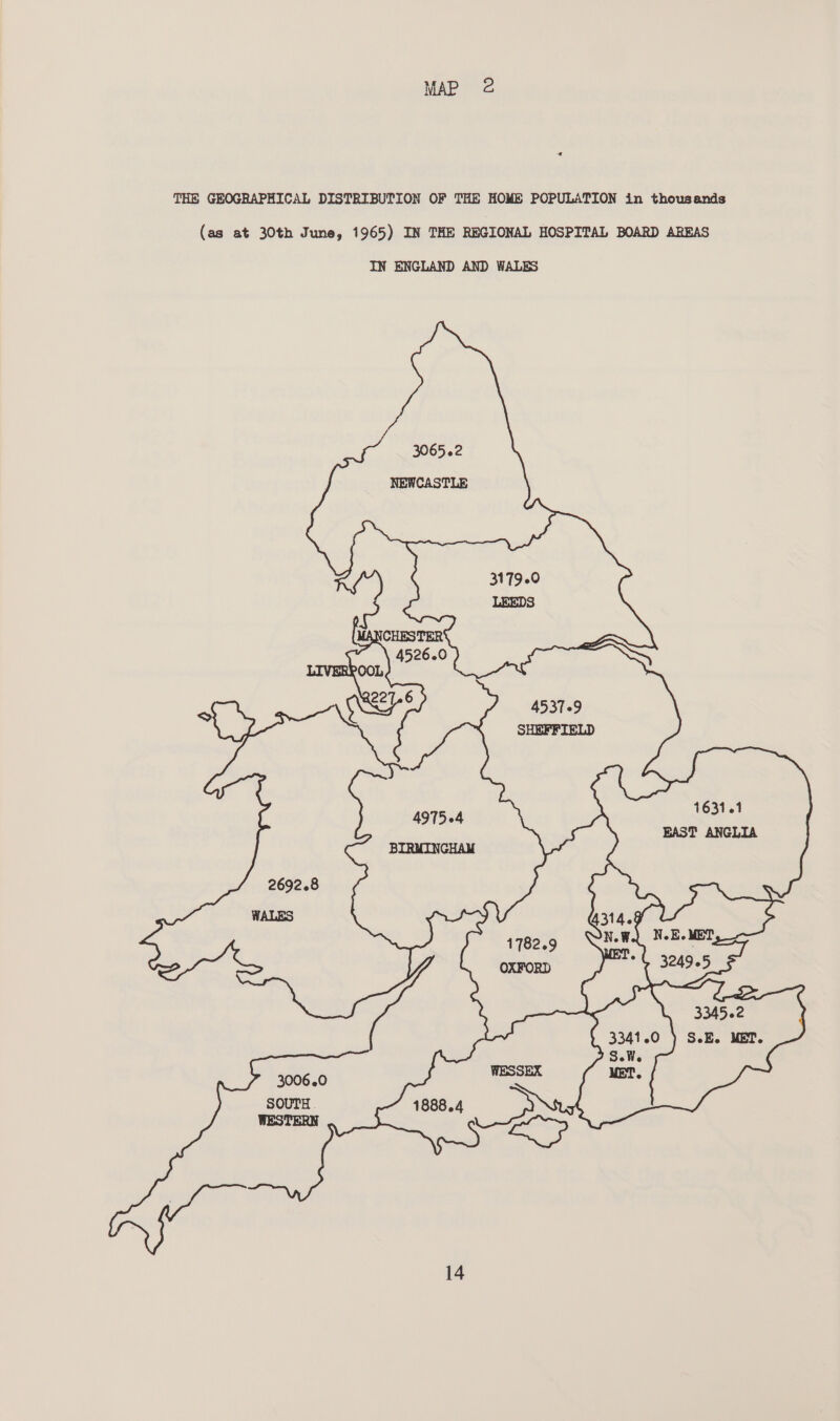 THE GEOGRAPHICAL DISTRIBUTION OF THE HOME POPULATION in thousands (as at 30th June, 1965) IN THE REGIONAL HOSPITAL BOARD AREAS IN ENGLAND AND WALES 1631.61 BAST ANGLIA 2692.8 WALES 3006.0 SOUTH. WESTERN