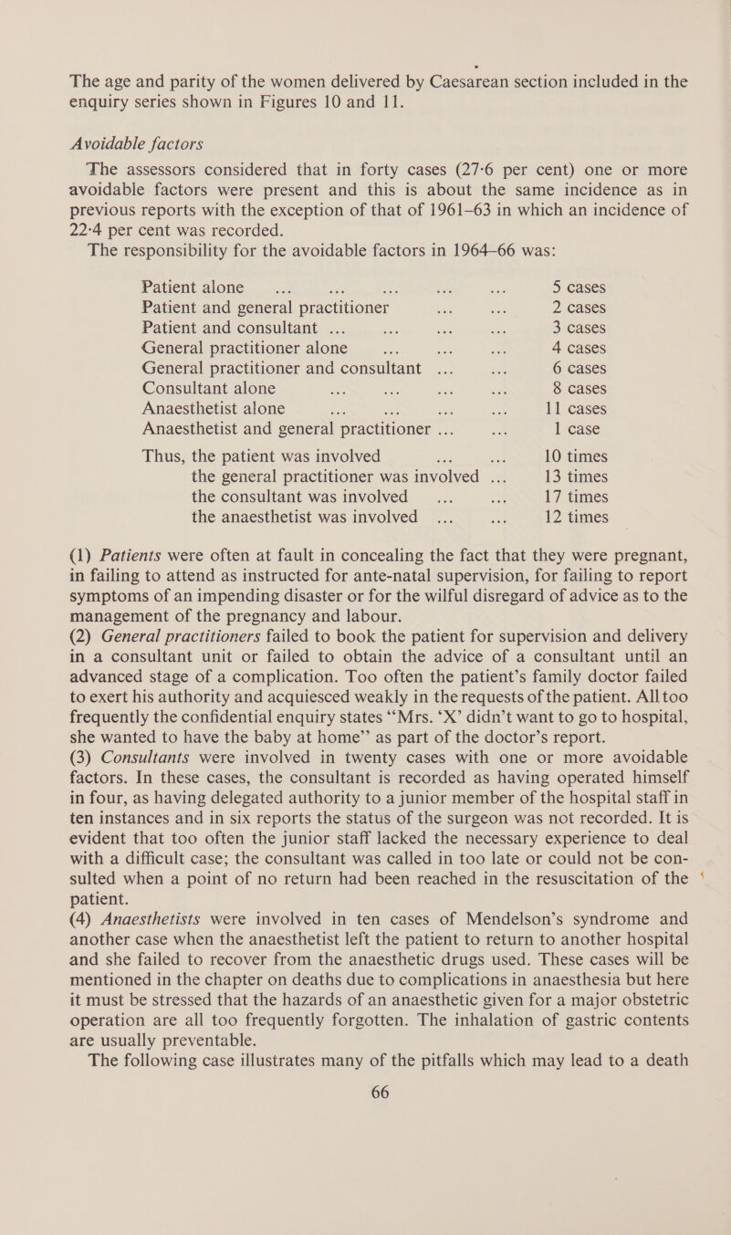 The age and parity of the women delivered by Caesarean section included in the enquiry series shown in Figures 10 and 11. Avoidable factors The assessors considered that in forty cases (27-6 per cent) one or more avoidable factors were present and this is about the same incidence as in previous reports with the exception of that of 1961-63 in which an incidence of 22-4 per cent was recorded. The responsibility for the avoidable factors in 1964-66 was: Patient alone. ....1 Bas Sah 5 cases Patient and general practitioner is Ha 2 cases Patient and consultant ... ae o ae 3 cases General practitioner alone ae ee a 4 cases General practitioner and consultant ... ae 6 cases Consultant alone ae) a a at 8 cases Anaesthetist alone noe ae ee 11 cases Anaesthetist and general practitioner .. a 1 case Thus, the patient was involved eo . 10 times the general practitioner was involved 13. times the consultant was involved __... a 17 times the anaesthetist was involved ... ne 12 times (1) Patients were often at fault in concealing the fact that they were pregnant, in failing to attend as instructed for ante-natal supervision, for failing to report symptoms of an impending disaster or for the wilful disregard of advice as to the management of the pregnancy and labour. (2) General practitioners failed to book the patient for supervision and delivery in a consultant unit or failed to obtain the advice of a consultant until an advanced stage of a complication. Too often the patient’s family doctor failed to exert his authority and acquiesced weakly in the requests of the patient. Alltoo frequently the confidential enquiry states “‘Mrs. ‘X’ didn’t want to go to hospital, she wanted to have the baby at home”’ as part of the doctor’s report. (3) Consultants were involved in twenty cases with one or more avoidable factors. In these cases, the consultant is recorded as having operated himself in four, as having delegated authority to a junior member of the hospital staff in ten instances and in six reports the status of the surgeon was not recorded. It is evident that too often the junior staff lacked the necessary experience to deal with a difficult case; the consultant was called in too late or could not be con- sulted when a point of no return had been reached in the resuscitation of the patient. (4) Anaesthetists were involved in ten cases of Mendelson’s syndrome and another case when the anaesthetist left the patient to return to another hospital and she failed to recover from the anaesthetic drugs used. These cases will be mentioned in the chapter on deaths due to complications in anaesthesia but here it must be stressed that the hazards of an anaesthetic given for a major obstetric operation are all too frequently forgotten. The inhalation of gastric contents are usually preventable. The following case illustrates many of the pitfalls which may lead to a death ma