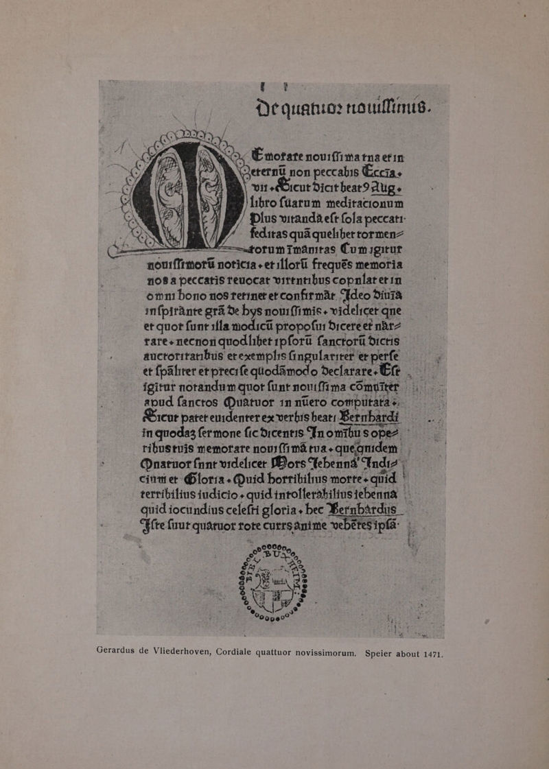 bebe — Oe quatior noullinus. « Emorare nouifiimatns et in OF erernu non peccalis Eccia. x vit -icut dicit beard Aug + libro fdarum meditacionum Plus virands eft fola peccats- feditas qua queliber tormen7 =forumimanitas Cu migitur cy sd Gerardus de Vliederhoven, Cordiale quattuor novissimorum. Speier about 1471.