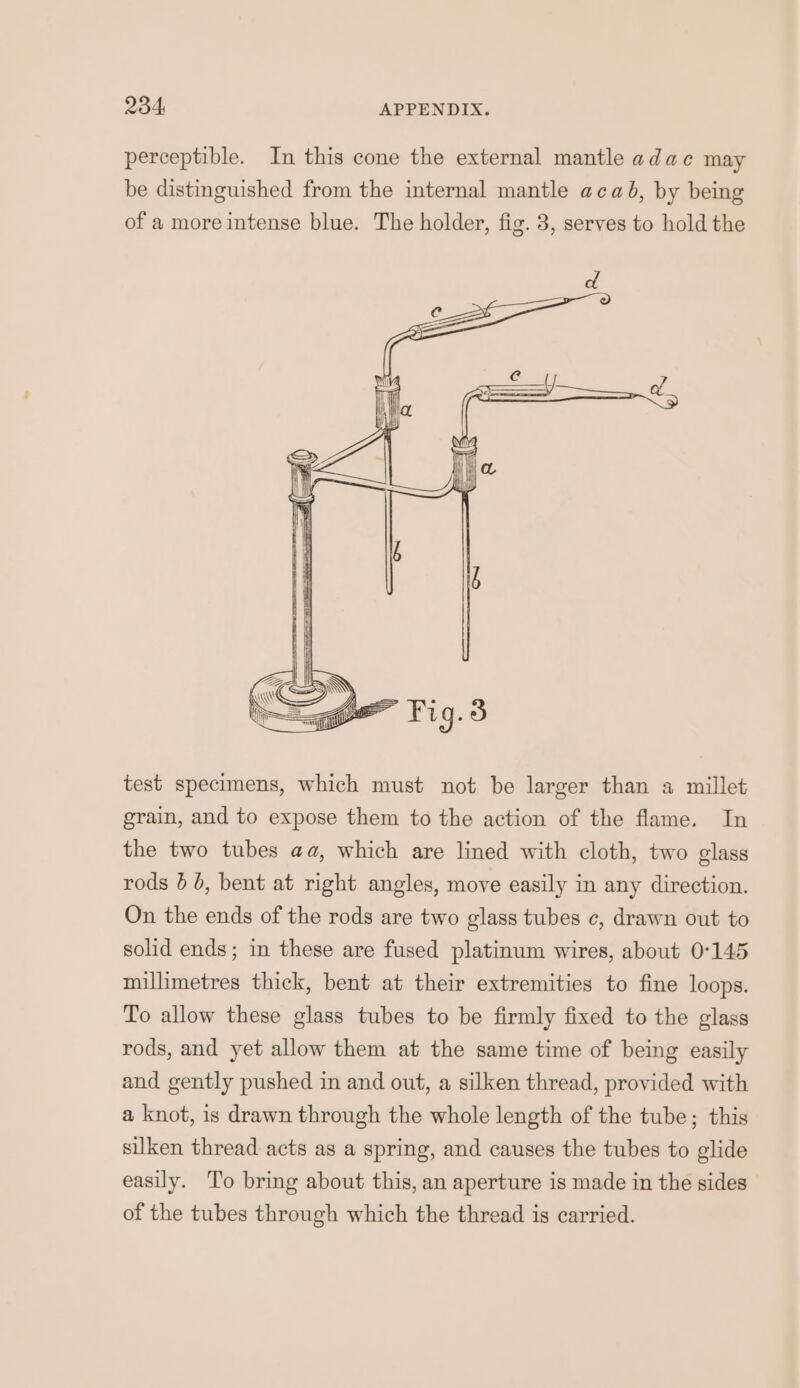 perceptible. In this cone the external mantle adac may be distinguished from the internal mantle acab, by being of a more intense blue. The holder, fig. 3, serves to hold the ec re = a. NY = » —— N &lt;&gt; . ge Fig.3 test specimens, which must not be larger than a millet grain, and to expose them to the action of the flame. In the two tubes aa, which are lined with cloth, two glass rods 6 6, bent at right angles, move easily in any direction. On the ends of the rods are two glass tubes ¢, drawn out to solid ends; in these are fused platinum wires, about 0°145 millimetres thick, bent at their extremities to fine loops. To allow these glass tubes to be firmly fixed to the glass rods, and yet allow them at the same time of being easily and gently pushed in and out, a silken thread, provided with a knot, is drawn through the whole length of the tube; this silken thread acts as a spring, and causes the tubes to glide easily. To bring about this, an aperture is made in the sides of the tubes through which the thread is carried.