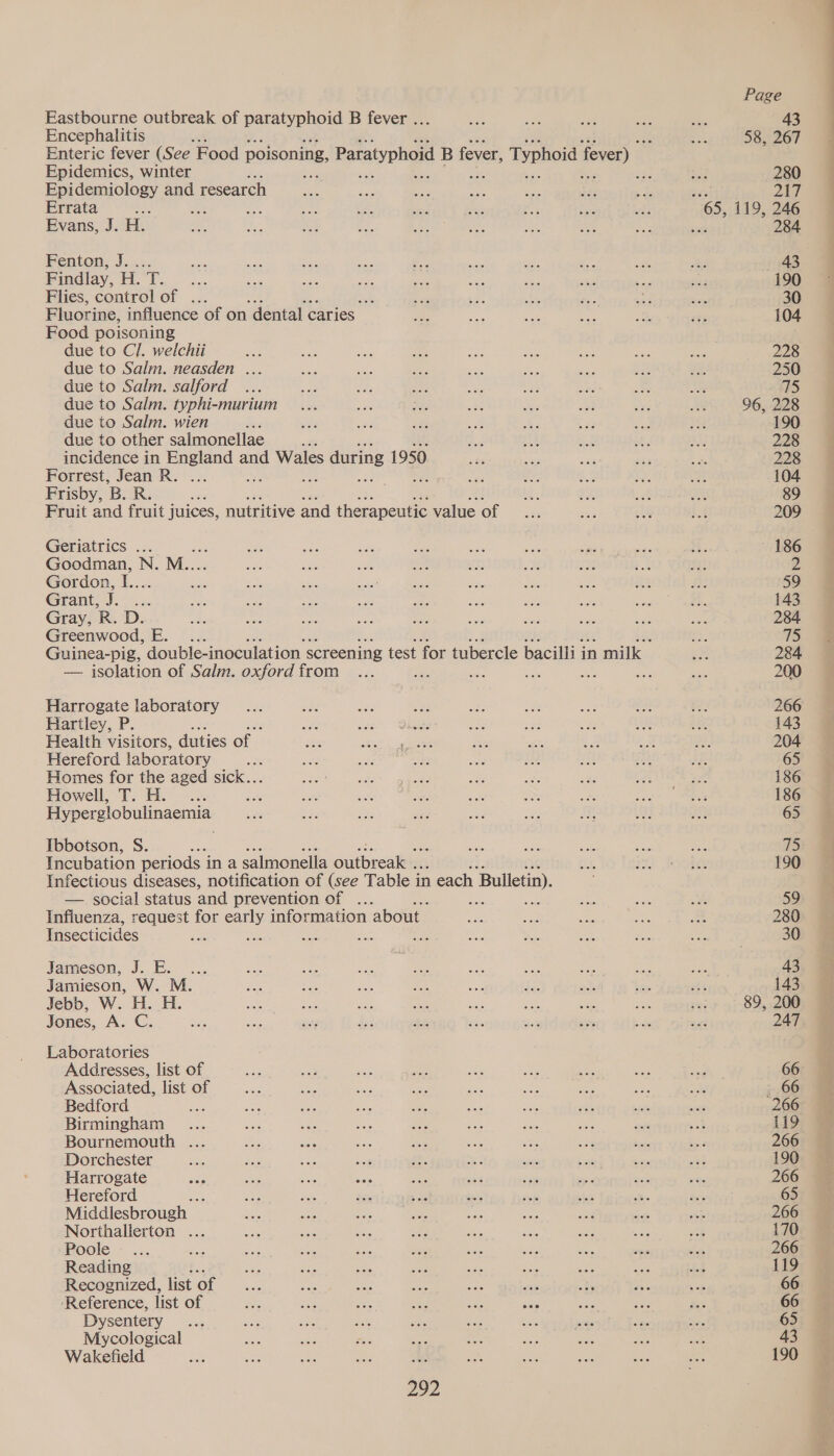 Encephalitis ‘ Epidemics, winter Epidemiology and research Errata = ee ae, Evans, J. H. Fenton; J..... Findlay, H. T. p Flies, control of ... e Fluorine, influence of on ‘dental caries Food poisoning due to Cl. welchii due to Salm. neasden ... due to Salm. salford due to Salm. typhi-murium due to Salm. wien ; P due to other salmonellae : incidence in eae and Wales 8 during 1950 Forrest, Jean R. Frisby, 'B. R. Fruit and fruit j juices, nutritive and therapeutic value of Geriatrics ... ee N. M.. Gordon, I a Grant, J ; Gray, R. D. Greenwood, E. — isolation of Salm. oxford from Eeriogate laboratory Hartley, P Health visitors, duties of - Hereford laboratory Homes for the aged sick... Howell, T. H. ; Hyperglobulinaemia: Ibbotson, S. Incubation periods i in a salmonella oulhreates Infectious diseases, notification of (see Table i in each Bulletin). — social status and prevention of ... ae ae Influenza, request for early information about Insecticides % Jameson, J. FE. .. Jamieson, W. M. Jebb, W. H. H. Jones, A. C. Laboratories Addresses, list of Associated, list of Bedford. by Birmingham Bournemouth ... Dorchester Harrogate Hereford oe Middlesbrough — Northallerton ... Poole Reading Recognized, list of ‘Reference, list of Dysentery Mycological Wakefield py Page 58, 267 280 247 “65, 119, 246 284 96, 228 89, 200 p~ ee