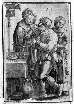 M0005742: A tooth-drawer extracting a tooth from a standing patient, who is being pick-pocketed by a woman