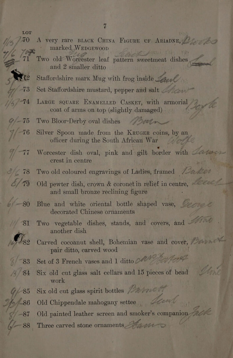 ? : w “ f FO Bo O/-15 7/76 Gf 77 6-80 81 / Gi. “83 4/84 Y/ 85 Yop 26 7 A very rare BLACK CHINA Figure marked. MN EDGEWOOD CF. oAtiabyn,| Ui, iy Nor, ey ee Two oldWorgester leaf pattern Sedan dishes, roilt and 2 smaller ditto Staffordshire mark Mug with frog, inside Brot Set Staffordshire mustard, pepper and salt .” oe LARGE SQUARE ENAMELLED OasKET, with armorial / 3. . i PS i coat of arms on top (slightly Pinas “iy aaa. Two Bloor-Derby oval dishes 4 Silver Spoon made from the KRruGER coins, by 9 an. officer during the South African War 2@ te Worcester dish oval, pink ahd gilt border with <Ze@feres— crest in centre % : ce ee 2 Two old coloured engravings of Ladies, framed /~@ 0% | Old pewter dish, crown &amp; coronet in relief in centre, CCE fal a and small bronze reclining figure me Blue and white oriental bottle shaped vase, Operas. decorated Chinese ornaments | fo cen ' r Py em f, Two vegetable dishes, stands, and covers, and ~* °°. another dish Carved cocoanut shell, Bohemian vase and cover, ERO pair ditto, carved wood Set of 3 French vases and 1 ditto 2“ Oe ov : Six old cut glass salt cellars and 15 ithe: of bead «Gee work ¢ erm LCR . Six old cut glass spirit bottles ,-. >. ve fg Old Chippendale mahogany settee Leek vs Ss ma Lf Three carved stone ornaments.) .2.¢¢¢-W |