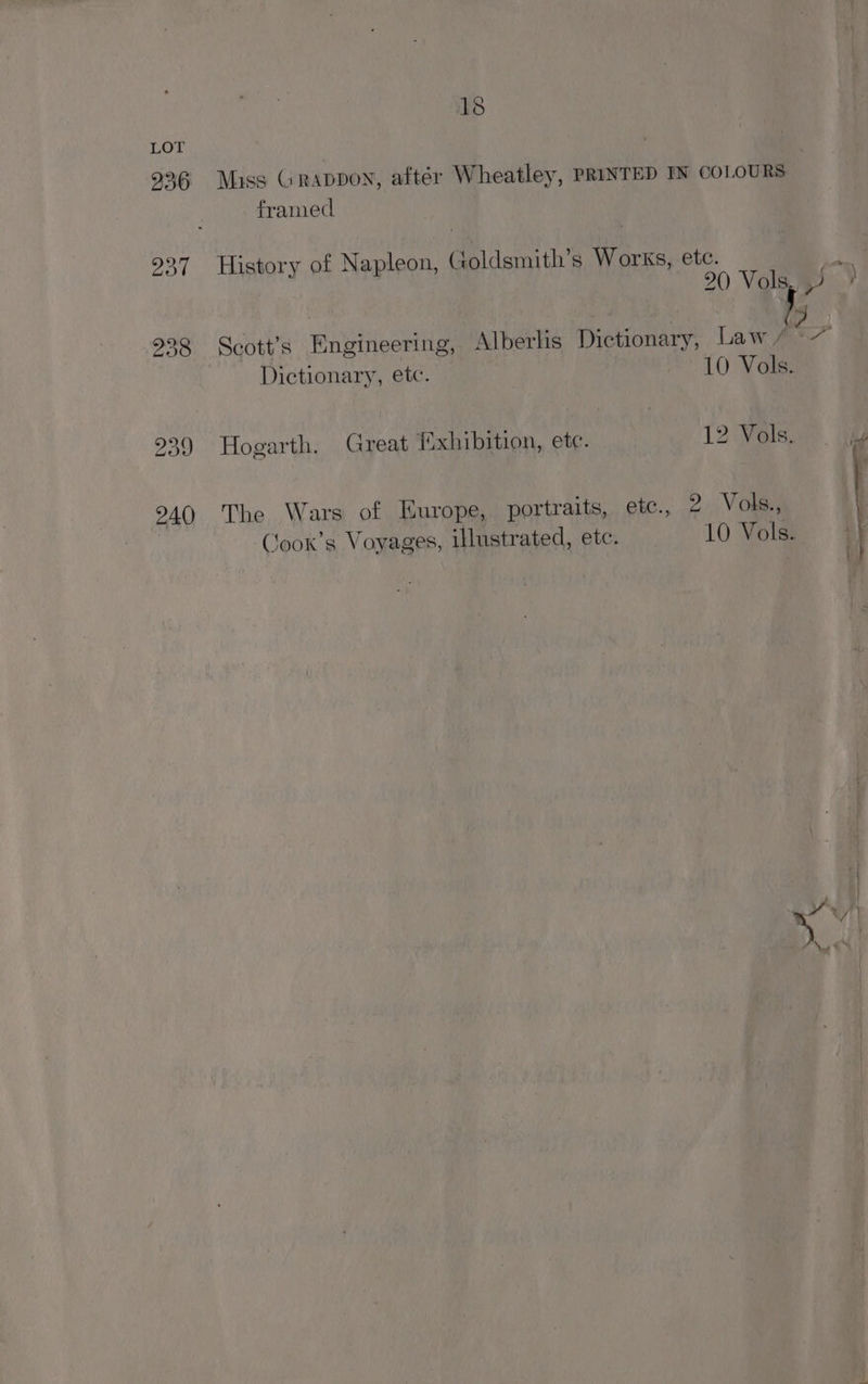 Miss Grappon, aftér Wheatley, PRINTED IN COLOURS framed History of Napleon, (ioldsmith’s Works, ete. Fi, 20 Vols, J) ? Dictionary, etc. © 10 Vols. Hogarth. Great fxhibition, ete. 12 Vols. laf The Wars of Europe, portraits, etc., 2. Vols., Cloox’s Voyages, illustrated, ete. 10 Vols. i}
