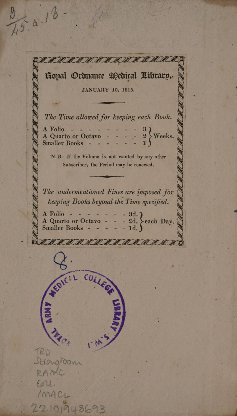 heres pad = Ze \. Zo LLLLLLLLDLLLLLLL Shee ‘ a 4 p JANUARY 10, 1815. The Time allowed for keeping each Book. Smaller Books -- = - -- - = 1 ‘N.B. If the Volume is not wanted by any other Subscriber, the Period may be renewed. keeping Books beyond the Time specified. 09, ad YC Rie ee Veer ioe Bile A Quarto or Octavo - - - 2d. Smaller Books ‘- - - -. “- 1d. — OZ