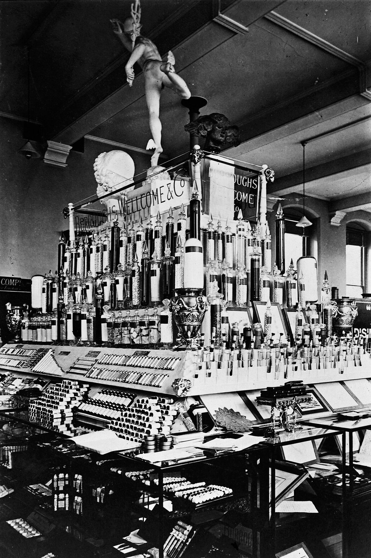 A photograph of the Burroughs Wellcome trade stand at the 1895 BMA exhibition in London, an early example of drug-firm marketing aimed at doctors.