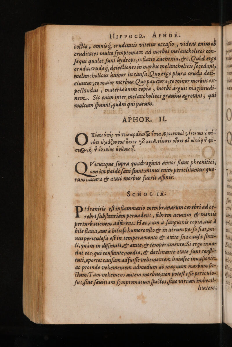HipPOCR.- ÀÁPHOR. | collo , omnis, eruditus vitetur occafio. , videas enim ob eruditates multa fymptomata ad morbos melancholicos con- fequi quales funt bydvopsyiz ati0,cachexias etre. Quid ergo erüdasernda, deietliones in ynorbus melancbolieis fecedants inelancholicus bumor in càu[a.Q uo ergo plura cruda deii- ciuntur;co maior rnorbus: Quo pasciora,eo minor morbus ex- pettandus , materi eniyn copia , iporbi arguit magnitudi- nemo. Sic enim inter melancbolicos granius agvotant ; qui multum [puunt,quàm qui parum. APHOR. I. i t e! bj LA y i NM e 4 Kocvi U7rsp qu Téós at p aitov (o. €t, D peyITIKol 2 VOY TUA v r6. / e, d * Li e A ». t. n yuUTt Ud COV TOU ifo 0V ys suvduytuciy ofaiy d olkeiii $ QU- L e $  9 e v«(9-,i, T aMfung nréoos di. Vicunque fupra quadraginta anuos fiunt phrenitici; non ita valde fam fiuntzminus enim periclitatur quó- vum narra ei atati morbus fuerit affms. ScHor rA | Hvenitis eft inflammatio membranarum cerebri ad ce vebvi fabflantiam pernadens , fbrem acutam. dy mentió perturbationem adferens; H acycium à fanguints copia,aut à bile flaua,aut à biliofo bumore víTo ej 1n atrum verfo fiatymi- nuspericulofa efl in temperamento &amp; atate fua caufa fimi. li,quam sn di([imili, d etate; tempéramento.Si evgo nua- dat eos,qui con[lanteymedia, &amp; declimante atate [unt canfit- tutiyoportet caufam adfuiffe vehementem buiu[ce smug frons. ac proinde vehementem admodum ac magnum morbum fa-. Sum. Tam vehemens autem morbwussnon potef? effe periculoo: fussfine fauitiam fymptomatum [peclessfine virium imbecil- litatem: