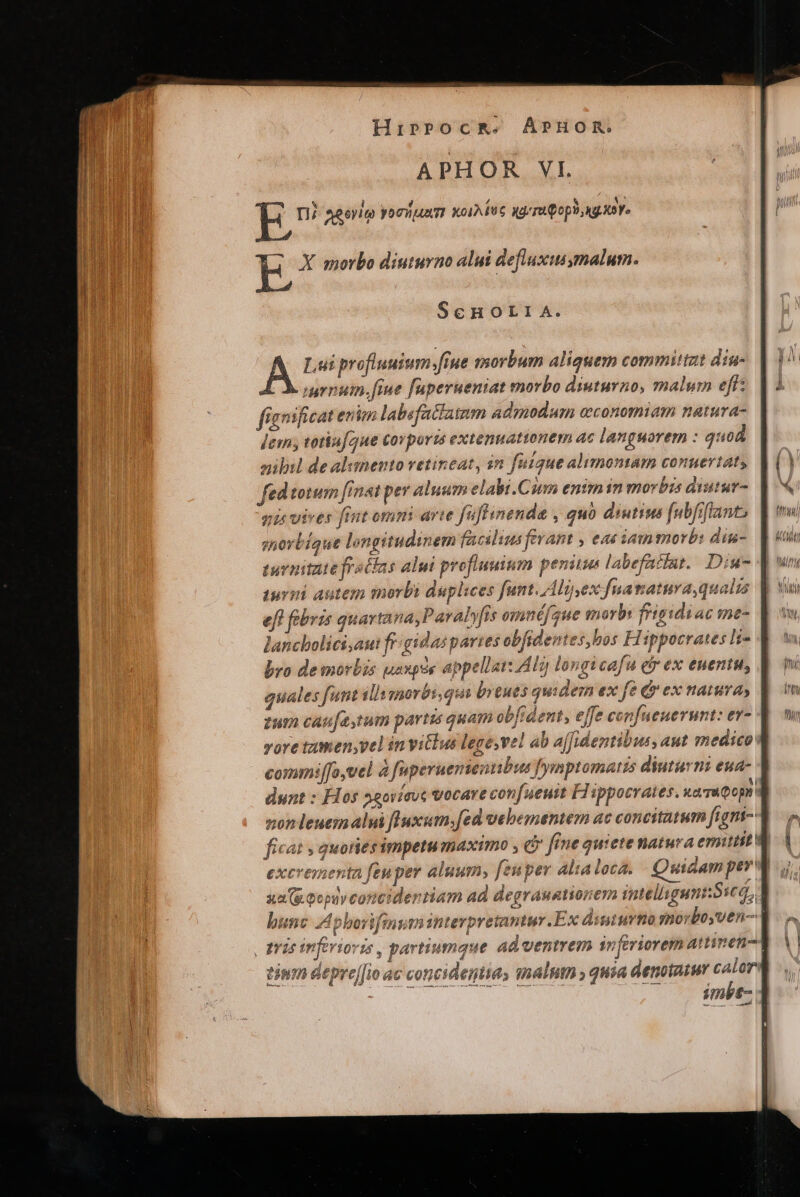 ScHOLI A. Lui profluuium.fiue morbum aliquem committat diu- 'urnum. fiue fuperuentat morbo diuturno, malum e[ff: fianificat en ig labefactainm admodum economiam natura- Jem; totiu[gue corporzs extenuationem ac languorem : quod zibil de alimento vetineat, an fitque alimontam conuertat fed totum finat pev aluum elabi.Cus enim in movbis diutur- gis vives fint omm arte füflinenda , quo diutius f[ubfiflant, ? facilius fevant , ea« iam morb: diu- g^ 3v /; r2] ad &amp; ?$* rhe P) 4 [d^