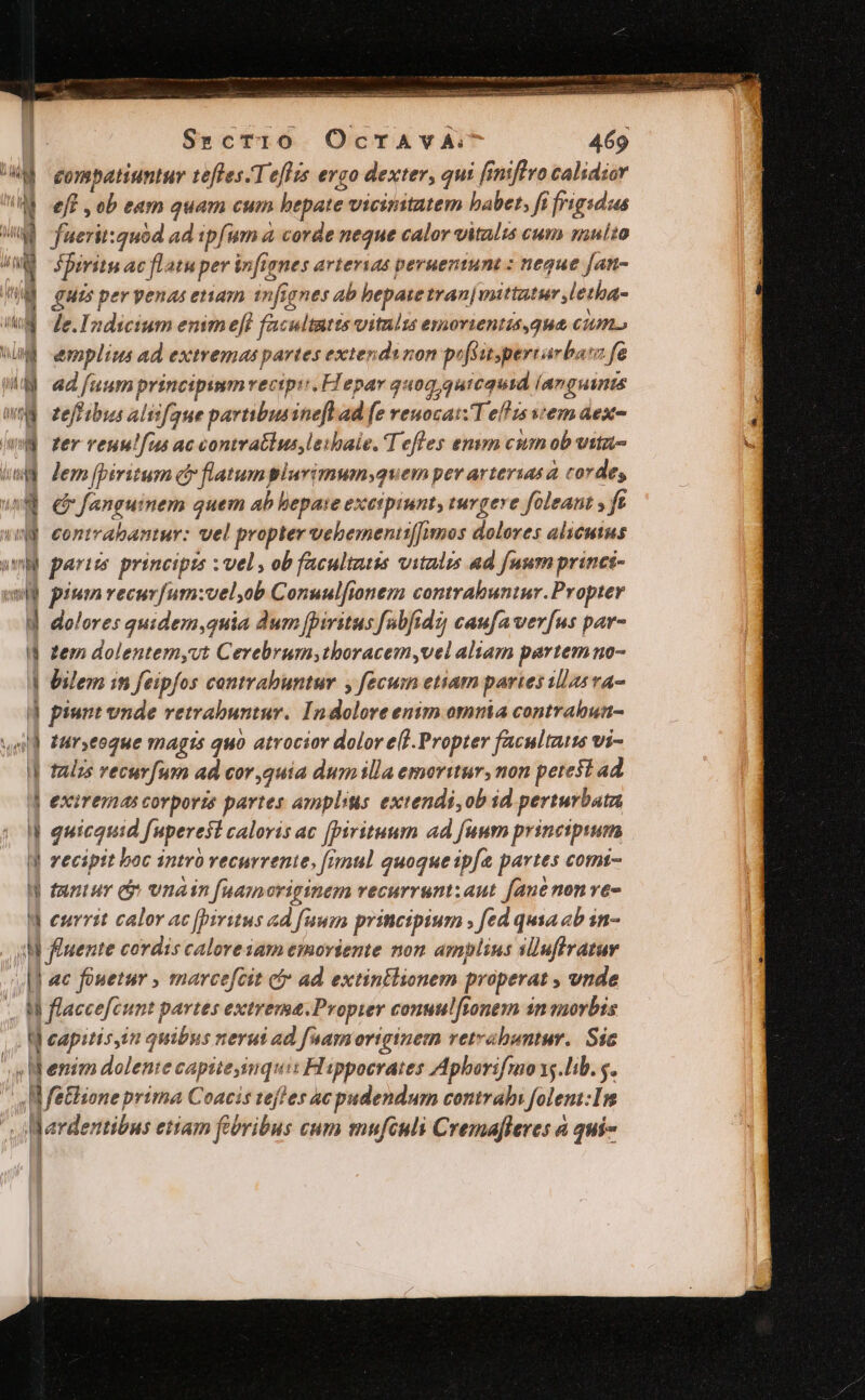 SgcT10 OcTAvA. A compatiuntur tefles.Teflis ergo dexter, qui fimffro calidior ^ eff, ob eam quam cum hepate vicinitatem babet, fi frigidis UMd fuerit:quod ad ipfum a corde neque calor vitalis cum multo unge spiritu at flatu per infignes arterias pernerium : neque jan- M guts per yenas etam an nfignes Ab hepate tran|uttatur , letha- WM de.Ind:cium emmeft facultatts vitults emorientis gue cum» iud emplins ad extremas partes extendwnon pofSsitpertarbat: : fé ind adfuum principum vecipi FIepar quoq quicquid languants wed zeffabus als[que partibus ineft ad fe renocai: T efHis vem dex ud zer veunlfus ac contratius, lei baie. Tefles emm cum ob vita- ing Jemjpiritum c flatumplurimumyquem per arterias à cordes UU ea fangus nem quem ab bepaie exetpiunt, turgeve foleant y ft md contrabanwr: vel propter vebementi[imos dolores alicutus wm paries principis : vel, ob faculiziss vitalis ad fuum princi- um pinum vecur[um:vel,ob Conuulftonema contrabuntur.Propter W dolores quidem,quia dum fpiritus fabfdz caufaver[us par- M em dolentemyvt Cerebrum;ythoracem,vel aliam partemno- | Uilem in feipfos cantrabuntur y fecum etiam partes illas va- d piunt vnde retmrabuntur. Indolore enim omnia contrabun- |] furyeoque magis quo atrocior dolor e(f. Propter facultzim wi- M tzlzs vecurfum ad cor,quia dumilla emorttur, non petest ad | exiremas corporis partes azmplis extendi, ob id perturbata r quicquid Juperest caloris ac [birituum ad fuum principium I recipit boc intró recurrente, [rnul quoqueip[e partes comi- | tantur ei vnain fuamoriginem vecurrunt:aut faune non ve- WM eurrit calor ac [pivitus ad fuum principium , fed qusa ab sn- 1 | fluente cordis calore iam emoriente non amplius sluffratur | ac fouetur , marcefcit cf ad extintlionem properat , vnde T decet partes extrema. Proper conuulfionem 1n morbis | M capitis, in quibus nerui ad fuamoriginem vetrabuntur.. Sic os enim dolen: re capite iquis Hippoerates Aphborifmog.lib. s. M fethione; prima Ceacis tefles 4c pudendum contrahi foleni:In Wardentibus etiam febribus cum mufcnli Cremafleres a qui- d
