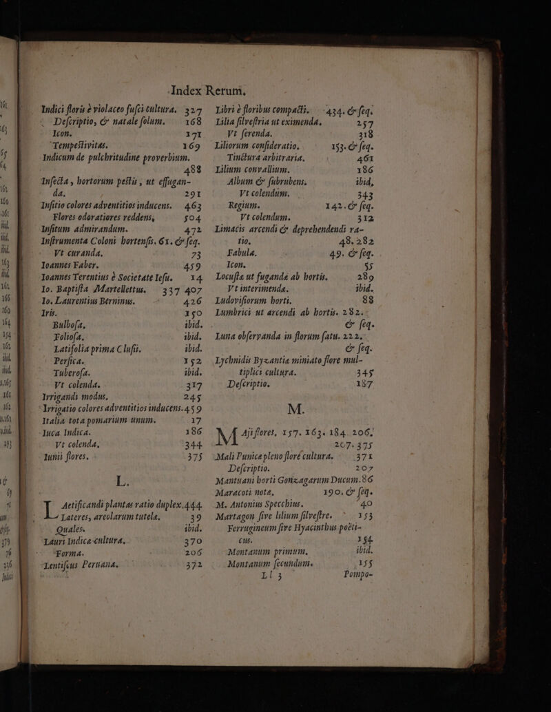 1) 16 un fid Indici floris &amp; violaceo fufci tultura, 3275 Deferiptio, &amp; natale folum. 168 Icon. 17I Tempestivitas. 169 Indicum de pulcbritudine proverbium. 498 Infecia , hortorum pestis , ut effagan- da. 29I Infitio colores adventitios inducens. — 463 Flores odoratiores reddens, 504 lnfitum admirandum. 472 In(irumenta Coloni borten(is. 61. c» feq. Vt curanda. 73 Ioannes Faber. 459 Ioannes Terentius e Societatelefu. — 14 Io. Baptifla /Martellettu. — 337 407 Io. Laurentius Berninus. Iris. Bulbo(a, Foliofa. Latifolia prima C lufii. Perfica. Tuberofa. Vt colenda. Irrigandi modu. Irrigatio colores adventitios inducens. 4.5 9 Italia tota pomariutm unum. 17 Iuca Indica. 186 Vt colenda, 344. lunii flores. 2375 L. Libri e floribus compatti.— 434. er feq. Lilia filveflria ut eximenda, 257 Vt ferenda. 218 Liliorum confideratio, 153. € feq Tinctura arbitraria. 461 Lilium convallium. Album c» fubrubens. Vt colendum. Regium. Vt colendum. Limacis arcendi &amp;- deprebendeudi va- tio. Fabula. Iton. Locufla ut fugandé ab bortis. Vt interimenda. Ludovifiorum borti. Lumbrici ut avcendi. ab. hortis. 282. e fa. Luna ob(eryanda in florum fatu. 22.2. | e feq. Lychnidis Bysantie miniato fore smul- tiplici cultura. 245 Defcriptio. 157 M. M Aji flores, 157. X63. 184. 206; mds Mali Punica pleno floré cultura. 2I Defcriptio. 207 Mantuani borti Gotizagartm Ducum.86 Maracoti nota, 190, C? fet. M. Antonius Speccbius. 4o Martagon five lilium filveftre. 15 Ferrugineum [ive Hyacinthus poéti- Cus. 1 $4. Montanum primum. ibid. Montanum fecundum. Ll3 Pompo-