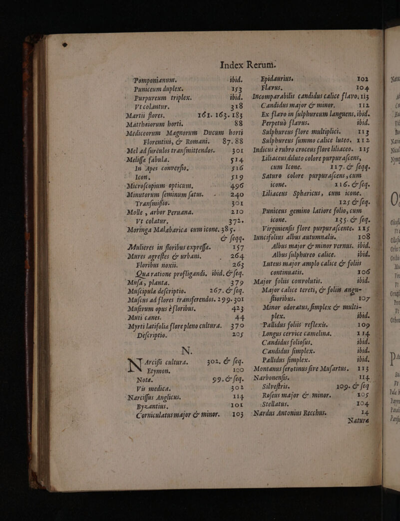 Pomponiantimt. ibid. Puniceum duplex. 153 Purpureum. triplex. ibid. Vtcolantur. 318 Martii flores. 161. 165. 183 Mattbeiorum bortt. 88 Mediceorum Magnorum | Ducum. borti Florentini, c Roman. 87.88 Mel ad furculos tran [imnittendos. 30I Meli[fe fabula. $14 In Apes converfio. $16 Icon. ; j19 Microfcopium- opticum. 496 Minutorum (eminum (atus. 240 Tran(mifíio. 3OI Molle , arbor Peruana. 210 Vt colatur. 37** Moringa Malabarica eum icone. 58 s. AR &amp; feqq Mulieres in floribus expreffa. 157 Mures agre[les e urbani. 264. Floribus noxii. 263 Quaratione profligandi, ibid. € feq. Mufa , planta. 379 Mufcipule defcriptio. 267.6 fq. Mufcus ad flores transferendos. 2 9 9. 301 Mufivum opus efloribus. 423 Muti canes. 44. Myrti latifolie florepleno cultura. — 370 Defcriptio. 20 N. Arcifti. cultura. 302. C» feq. Etymon. 190 Note. 99.6 fq. Vis medica. 302 Narc[fus Anglicus. 1i4 Byzantius. | IOI Coruiculatusimajor C tinor. — 103 Epidaurius, 02 Flayus. 104 Incomparabilis candidus calice flavo; vis Candidus major c minor. I12 Ex flavo in fulpbureum languens, ibid. Perpetuo flavus. ibid. Sulphureus flore multiplici. 113 Sulphureus (ummo calice luteo. x 12 Indicus e vubro croceus flore liliaceo. 115 Liliaceus diluto colore purpuvafcens, cum. Icone. 117. C feqq. Saturo colore. purpura[cens cum icont. 116. Cf. Liliaceus | Spharicus, eum. icone. 125 e» feq. Puniceus gemino latiore folio, cum icone. 135. €» feq. Virginienfis flore purpura(cente« xx y Iuncifolius albus autumnalis. 108 Albus major c minor vernus.. ibid. Albus fulphureo calice. ibid. Luteus major amplo calice c foliis continuatis. 106 Major foliis convolutis. | ibid. Major calice tereti, y folis angu- flioribus. 107 Minor odoratus, fimplex c multi- plex. ibid. Pallidus foliis veflexis. 109 Longus cervice camelina. 114. Candidus foliofus, ibid. Candidus funplex. ibid. Pallidus fimplex. ibid. Montanus (erotinus five Mufartus, — 113 Narbonenfis. Silveftris. 199. C feq Refeus major. c minor. 10j Stellatus. IO4. Nardus Antonius Recchus. 14. Nature Ordi hi Tula | Day bal ! irj