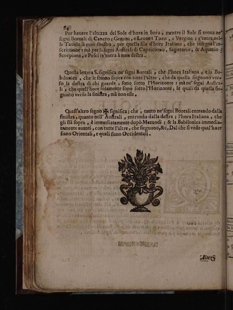 | 84 19) Per hauere l'altezza delSole d'horain horas mentreil Sole fi troua ne i, fegni Boreali di Cancro s Gemini , e Leone: Toro ,.e Vergine: ; s’entra,nel i le Tauole;à man.finiftra , per quella fila d'hore Italiane , che infegnal’insi fcrittiohe : mà per li.fegni Auftrali di Capricorno , Sagittario, &amp; Aquario si Scorpione e Pefci :s’entra à man deltra. 1 hu 8a | RPRTET Mall PULL Quefta lettera S. fignifica ne’fegni Boreali » che l'hora Italiana s ela Ba-{T7, bilorica » che leftanno fopra con tutte l’altre , che da quella fieguono vera {2 fo la deftra dichi guarda , fono fotto l’Horizonte : mà ne' fegni Auftrasil _ li ; chequell’hore folamente fono fottol’Horizonte, le quali da quella fieell}; 2° suono verfo la finiftra , mà non efle + i) | Bc | | | Queft'altro fegno Ji fignifica ; che ; tanto ne’fegni Boreali entrando dalla! finiftra , quanto nell’ Auftrali , entrando dalla deftra ; l'horaItaliana , chel gli ftà fopra ,. è immediatamente dopò Mezzodì 5 &amp; la Babilonica immediaell tamente auanti , con tutte l’altre , che fieguono,&amp;c, Dal che fi vede qual’hore.| fiano Orientali , e quali fiano Occidentali. Ì bi TMior.Ita Hon,Bai | Side Li fun | % èù: N è N; A | Î I