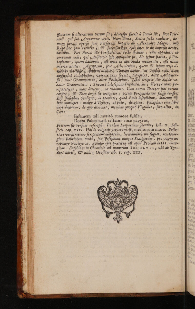 Quorum [ἢ alterutrum verum fit y. divevfus füerit à Pario illo, [rve Prie- nen(i; qui fub. e Artaxerxe vixit. Nam Zeno, Stoica fecle conditor ,. de- mum floruit ever[o jam Per[arum imperio ab . Alexandro Magno im Rege boc jam extinto ,. €? [ucce[foribus ejus inter fe de impero decer- tantibus, Nec Parius ille Peripateticus recle dicatur ; cum appellatio ea conveniat nulli, qui e/riflotele ipfo autiquior [. Sic igitur (latuoy [iPa- lepbatus , quem babewus , efl unus ex illis Suide memoratis , effe illum incerta etatis, ,/Egyptzim , [ive e Atbenienem; quem €7' ipfum wp a- icirevtiadü[fe y abidem diciur.z, Tantum metuo, πὸ Suidas nobis duos confundat Palepbatos; quorum. unus. fuerit , /Egyptius , alter « Atbemien- fs 5 wnus. Grammaticus , alter Pbilofophus. Nam fcriptor ille Suide vo- catur Grammaticus ; T'heoni Philofophus Peripateticus ; Txetxa nunc Pe- vipateticus , nunc Stoicus ; ut vidimus. Cum autem Tzetzes fibi parum conffet ; €9' beo loneà (it amiquior : potius Pevipateticum. fuiffe cenfeo. Eti Tofepbus Scaliger , in pobmate, quod Cis infcribitur , Stoicum € ipfe nuncupet : nempe à TXelxes ubputo, decepius. Palephati ejus libri eripi εἰσείσ των» de quo diximus , meminit quoque Virgilius , [ive alius, in Cri: | Infamem tali meritó rumore fuiffe , Docta Palaphatià teftatur voce papyrus, Priorem [ic ver[um vefcrip(t , Paulum Leopardum fecutus , Lib. x, Mi- fcell. cap. xxxv. Ubi in vulgatis perperam cf? , meritorum more. Poffe- riori «ver [uretineo fcripiuram vulgarem ;. licet minimà spe fugiat, non Geor- gium. Fabricium. modo , [ed Tofepbum quoque Scaligerum , pro papyrus reponere Pachynus, Antio ejus praterea. eft apud. Probum in 311. Geor- gicon; Eu[ebium ín Chronicis. ad numerum ΤΟ cu v 115 ubi de Tyn- dari libris , X2* alibis Oro[ium lib. 1. cap, Ἀττι,