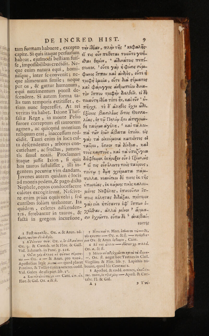 τσ Melo τα ὰὸ-- τς πο ττις --τ EET es RECS EFI — αν» V -— DE INCR tam formam habuere , excepto capite. Si quis itaque perfuafum habeat, ejufmodi beftiam fuií- fe , impoffibilibus credidit. Ne- que enim. natura equi , homi- nífque , inter (Ὁ convenit ;. ne- que alimentum fimile; neque per os , & guttur humanum, equi nutrimentum poteft de- Ícendere. $1 autem forma ta- lis tum temporis extitiflet , e- tiam nunc fupereffet. At rei veritas ita habet. Ixione Thet- fais Rege, in monte Pelio furore correptum eft taurorum agmen, ac quicquid montium reliquum erat , inacceffum red- didit. Tauri enim in loca cul- ta defcendentes , arbores con- cutiebant , ac fructus, jumen- tis fimul noxii. Proclamari itaque juffit Ixion , íi quis hos tauros fuftuliffet , illi 1n- gentem pecuniz vim dandam. uvenes autem quidam € locts ad montis pedem, & pago dicto Nephele, equos condocefacere coletes excogitàrunt. Nefcive- re enim prius equis vehi ; fed urribus folàm utebantur. Ita quidem , celetes adfcenden- tes, ferebántur in tauros, & ξλέϊδ in gregem incurfone, : ῬοΩ͂ κεφαλῆς. Ox. a. & Arun. ad- dunt, τειύτην δὲ ἀνδρός. Ox. y. & Cantab. ut & Flor. & Gall. Vid. Salinuth. in Panc. p. 226. ED. HIST. 9 τὴν ἰδέων, πλὴν τῆς xebaAnge ef τις οὖν πείθετωι τοιοῦτο γενέ- eS θηρίον. * ὠδυνάτοις πεπί- &€UXtV. Ξ οὔτε yat ἡ Quei σύμ.- ᾧωνος ἵππον καὶ ἀνδρὺς s οὔτε ἡ τροφὴ ὁμοίως οὔτε διὼ σόμωτος καὶ φάρυγγος ὠνθρωπείον δυνά-- τὸν ἵππου τροφὴν διελθεῖν. εἰ δὲ τοιωύτη ἰδέω τότε ἣν, κωὶ νῦν 1 ὑ- πῆρχε. τὸ δ᾽ ὠληθὲς ἔχει ὧδε. Ἰξίονος βασιλέως ὄντος Θεσσου-- Ma , ἐν τῷ ΠΠηλίῳ ὄρει οπηγριῶ-- θη ταύρων ὠγέλη » ᾽ καὶ τοὺ λοι- ποὶ τῶν ὁρῶν ἄβωτωῳ ἐποίει. εἰς ydp τὸ οἰκούμενω κωτιόντες οἱ TAUpor , ἔσινον τῷ δένδρω., καὶ τοὺς κωρποὺς » καὶ τοὶ ὑποζυγιο διέφθειρον. ἐκήρυξεν οὖν ὁ ἵξίων,ως 6 | τις οὐν ἕλοιτο τοὺς ταύρους τούτω 1 δῳη χρήματα παᾶμ- πολλω. γνεωνίσκοι δέ τινὲς ἐκ τῆς ὑπωρείας » ἐκ κωμοῆς τινὸς κωλου-: μένης Νεφέλης. ἐπινοουσὼν ἵπ- ποὺς κέλητας διδώξωι. πρότερον yn οὐχ, ἠπίσαωντο ἐφ᾽ ἵππων ὀ- χεῖϑα!, ὠλλοὺ μόνον 7 ἄρμω- σιν ἐχρῶντο. ovra δὲ ? ἀνωβαί-. | γοντᾷς τ ' ; 1 | s Hriezar m. Mox. ἐσήνοντο T1 —— ὃς, M ραν Ox: & Arun.£eferoy , Cant. m. Ox. £. negat hoc Tzetzes in Chil. o Vid. Galen deuíu part. lib. 39. Flor.& Gal. Ox. « & B. 1 AUR : buunt, quod hic Centaur:s. NE Apoítol. ὃς codd. omnes, DUPTAP E | , | τες. 11O X, ἐν τῇ eA —— Apolt. & Car.- 'cabr. ΕἸ. € Gal.