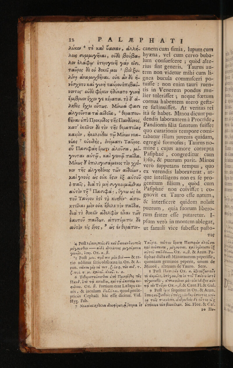 am Y  , λυχὸν * τὸ καὶ UVGHYA , dAAM- ΩΣ / Aog συμμιγῆναι, οὐδὲ βουβα-: » f [i e / 4 Aor ἐλαῴῳ ἑτερογενῇ *yop εἰσι. ταῦρος δὲ οὐ δοκεῖ μιοι ? βοὶ ξυ- f 2 ^ 2 E, M 2 eA ἄγου μιχθῆναι. οὐκ, ἂν δὲ ήη- ; N / E νέαιγετο καὶ γυνὴ τωὐρουἐπιβαί- t NN ( oS i N ψοντος οὐδὲ φέρειν ἡδυνώτο γυνὴ »f » [ Nw 2 ἔμβρυον ἔχον γε κέρωτω. τὸ δ᾽ ei- E J , ληθὲς ἔχει οὕτως. Μίνωώ φασι . Lad A 5 ev φλγούντώ τῷ cidoio, , ^ θερωπευ-. θζνωι ὑπὸ Προκρίδος τῆς ΤΤανδίονος͵ xor ἐκεῖνον δὲ τὸν τῆς θερωπείως » 7 e xoupov 5 ἠκολουθει τῷ Μίνωι νεα-- , 7 3 ^» 9 ἢ e Vict ' ἐνειδής, ὀνομῶτι Torupos. vaL ^ [; » € e cv IIacoidons ἔρωτι ὠλουσοῶν. μί- γνυτῶι αὐτῷ, καὶ γεννῷ παΐδω. , »5 , τὰς CN f Mivug à ἐπιλογισῶμενος Τὸν Sy po- vov τῆς ἀλγηδόνος τῶν αἰδοίων, χαὶ γνοὺς ὡς οὐκ ἔςιν ἐξ. αὐτοῦ ἑωυτοῦ παίδῳν. ἀποπέμπει δὲ ) 9 , ς » , οὐτὸν εἰς ὄρος » ὅ ὡς ἐν θερώπον-: 4 Ῥοϊι λύκον, πρὸς δὲ καὶ δαινὰν ἐφ τοῖς ply vua — οὐδὲ ἀλλήλοις μιγνύμενα γεννᾶν» ἕτερ. Ox. a, B. ἐς Poft μοι, πρῶτον μὲν βοὶ — Gc τα- tio additur fatis obfcoena in Ox. &amp; A- run. zeívra 3dp τὶ TeT . Q.00 $. τῶν 4d. T. Q. πρὸ. τὶ A καὶ av. cyaC. €. a. d 6 Τεθεραπεύσεσθαι ὑπὸ Ylpoxpidbe ie. Ylasd. ἐπὶ σῷ κυνιδίῳ, χαὶ cQ ἀκοντίῳ X6. φάλου, Ox. P. Pretium erat Lzlaps ca- | nis ,-&amp; jaculum ἰθυ(ολον. quod prole- canem cum fimia, lupum cum hyzna, vel cum cervo buba- lum confuefcere ; quód alte- rius fint generis. Taurus au- tem non videtur mihi cum 11- gnea bucula commifceri po- tuifle : non enim tauri ruen- tis in Venerem pondus mu- lier toleráffet ; neque foetum cornua habentem urero gefta- re fufüinuiffet. Art veritas rei ità fe habet. Minoa dicunt pu- dendis laborantem à Procride , Pandionis filia fanatum fuiffe: quo curationis tempore comi- tabatur 1llum juvenis quidam, egregié formofus; Taurus no- mine ; cujus amore correpta Pafiphae , congreditur. cum 10fo, &amp; puerum parit. Minos veró fupputans tempus , quo ex verendis laboraverat , at- que intelligens non ex fe pro- genium filium , quód cum Pafiphae non coiviffet 5 co- gnovit ex Tauro effe natum, &amp; interficere. quidem noluit puerum , quia fuorum libero- rum frater effe putaretur. I- píum veró in montem ablegar, ut famuli vice fubeffet paíto- | τος Ταῦρος. τούτου ἔρωτι ἸΤασιφοη εἱλοῦ στὸ χαὶ πείσοιστε. μίγνυτωι. καὶ ἐγέννησεν ἐζ αὐποῦ zi du — Ox. «,P. &amp; Arun. Pa- fiphaé di&amp;a eft Minotaurum peperiffe , quoniam geminos peperit, unum de Mino&amp;£, alterum de Tauro. Seiy. ἃ Poft Πασιφαάν OX. a. ἐξετείζων οὖν qU αἰκριξὲς, ἐπέγγω, ὅτι ἐκ ποῦ Ταύρου ἐστὶ σογεννηθὲν., οἱ ποκτεῖνωι μὲν οὐκ ἔδοξεν av τῷ τὸν Ταῦρον Ox.e,2.&amp; Cant.Fl.&amp; Gal. - 9 Poft ὅρος fequitur in Ox..&amp; Arun. ᾿ὁπωςαύξυνθεὶς ὑπείρχυ ἐνθερίποντος μοί- pics Cephali hic effe dicitur, Vid. dide T 7 NsaW ae χοΐλλει δεα φέρων, ovopua, vit | pa σοῖς ποιμέσιν. a vd pecDeic δὲ οὗπος (v ' veni ous τῶν (ουκόλων. Sic. Flor. &amp; Gal. 10 Ilv-