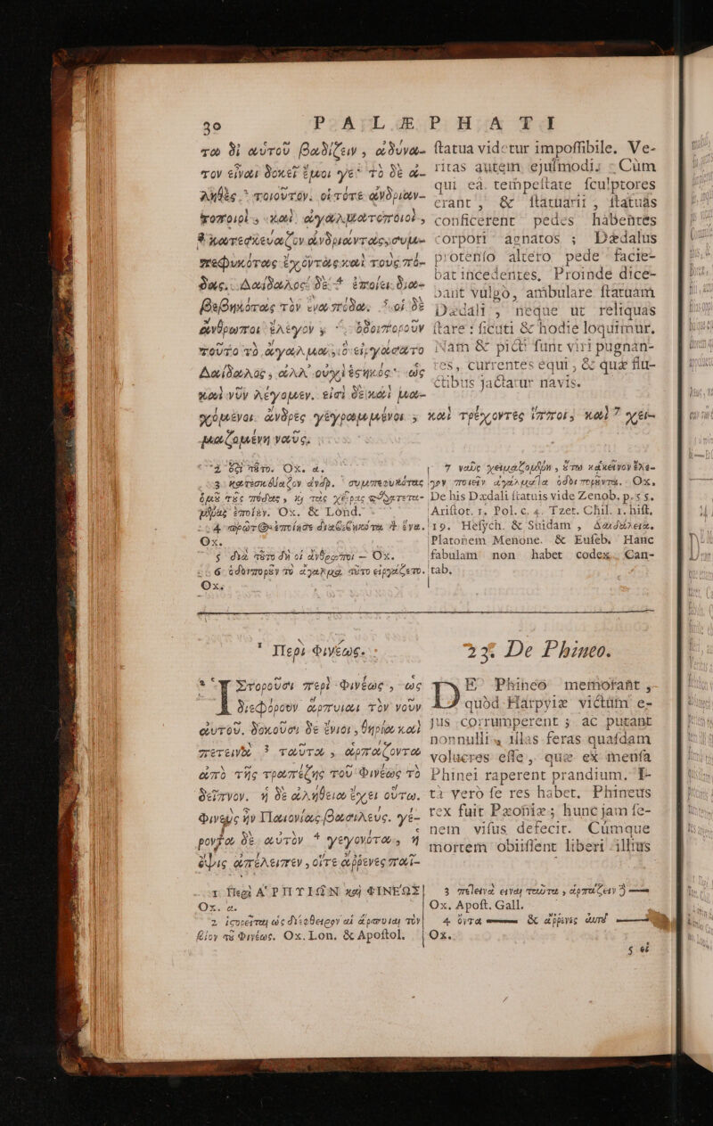 τῶ δὶ αὐτοῦ βαδίζειν, ὠδύνα- τον εἶνωι δοκεῖ ἔμνοι γε τὸ δὲ «-- ληβὲς  τοιοῦτον. οἱ τότε ὠνδριῶν.. ποποιοὶ T7 οὐγιούλμεουτοποιοὶ j δ᾽ χωτεφχεύαζον ἀνδριοντας. συμ- πεφυκότως ἔχιοντῶς καὶ τοὺς πό- δος, Δαίδωλος: δὲ: 5 ἐποίεε. διω- εβηχότας τὸν ἵνα πέδα. δ δοιέοροῦν 3 04 δὲ x ». ἄνθρωποι ἔλεγον y e. / ur ixel ! τοῦτο τὸ Qr y A Mob sio ei yam TO | n 31.12. 2, Ve fiers ς Δαίδωλος., ὠλλ ROS δλλωόμε ως y.ui νῦν λέγομεν. εἰσὶ POE μω- ftatua videtur impoffibile. Ve- ritas autem, ejufmodi; - Cum qui eà. teibpeftate fculptores erant , &amp; itarüdr, ftatuás conficerenr pedes .habentés Orpori' asnatos ; Dzdalus protenío altero. pede ^ facie- batincedenres, Proinde dice- oant vulgo, ambulare ftataam Dm : eque üt reltquas (tare : ficuti &amp; hodie loquimur. (atn &amp; pict: funt vi nt pi ügnan- es, currentes eld ὃς quz flu- ibis q Jactatur navis. Mee yov. 2 6 8T. Ox. 4. 3 ker da ζον dydp. δριῷ τς πόδοϊξ» Xy τὸς χέρας ἃ pépaz ἑποΐδν. Ox. &amp; Lohd. 4 «ρῳτ(Θιἐποίησε diaGiC wed i Peg ^^. d ado δὴ ot ἄνθρωποι - Ox. 6: &amp;dbrzopEy τὸ ἀγακριοὶ αὔτο Cip Ce To. ως ) D Περὶ φιγέως. e» f L3 X τορουσὶ περὶ duyeae , ὡς - eM n διεφόρουν οὐρπυιοῦι τὸν VOUV 5 e» : e 8e » Ó / 1 οὐυτοῦ. δοκοῦσ'; δὲ ἔνιοι. θηρίου καὶ A 5 e € / Tere, 3 TOTO , Q7 OL C OV T 0b 2 UN e Tl fr J. N Q0 τῆς τρουπεζης TOU Φινεῶς τὸ δὲ ς &amp; 3 0 - el δεῖ ἵπνον. ἡ δὲ ἀληθειοω ἔχει οὕτω. urge ἦν Ylouovíou βασιλεὺς. γέ- pof: δὲ αὐτὸν ^ γεγονότα. 4 ἅψις, ἀπέλειπεν : οἵτε ἀῤῥενες m σου ῖ- r περὶ A'PHTIGN καὶ ΦΙΤΝΕΏΣ Ox. a. 2 icorerm εἰς διέφθειρον αἱ &amp;paru tdg τὸν βίον πῇ Φινέως. Ox. Lon, &amp; Apoftol. 7 vac yeiuatoufin , Sw xduetyoy £xa- Ariftot. 1. Pol. c. 4. Tzet. Chil. x. hift, Io. HelycH- ὃς stifim , Aedui. &amp; Eufeb. Hanc habet codex. Can- tab. 23. De Phineo. E^ Phineo merofaht, quód. Harpyie victum e- jJus.co;rumperent 5 ac putant nonnullr4 115. feras quafdam volucres efle ,. que. ex menfa Phinei raperent rone I- ti γοτὸ fe res habet. Phuneus rex fuit Paohiz; iip jail fe- nem vifus defecit. Cumque mortem obiiflent liberi .illtus 3 πεειν οἱ eia) ame , ρποίζειν ὃ ---Ξ Ox. Apoft. Gall. 4 ὄντα —— ἃς appauc ἀντ ———À $ e£