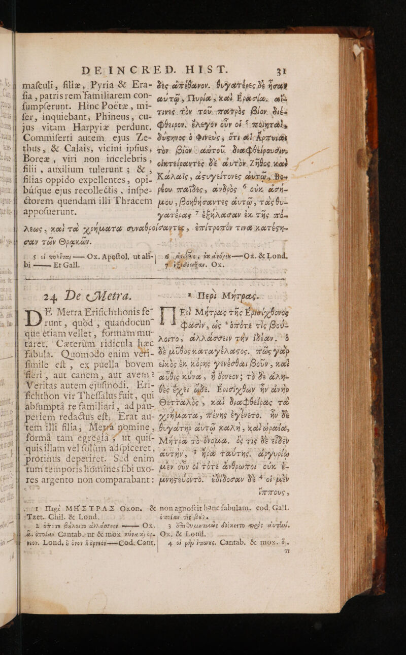 Ἐπ: tanen axe ὦ) Ema M aai cios TRES Danai os LUNO σις p nera sibi meu mafculi, filie, Pyria &amp; Era- fia , patrisrem familiarem con- fum pferunt. Hinc Poetz , mi- ἴδε. inquiebant , Phineus, cu- jus vitam Harpyiz perdunt. Commiferti autem. ejus Ze- thus, &amp; Calais, vicint 1pfius; Borea , vin non iücclebris, fili , auxilium tnlerunt ; &amp; , filias oppido expellentes, opi- büíque ejus recollectis , 1nfpe- étorem quendam illi Thracem p $05 [fy ? NX 5! ὦ δὲς ὠδέθωνον. θυγωτέρες δὲ nca và » Tlupia ; ett, Épavotion. ool τινες. ἐὸν τοῦ. πούτρὸς βίον. διές »Ἱ 5 e ᾧθειρον. ἔλεγαν ovv oi ?- zrüqv dis / 1 V € : [0 δυφηνος. ὁ Φίευς; ὁτὶ eb Àpzrvidá τὸν (OtaW αὐτοῦ. διουφβξίρου δὲν: 3 / ^ d ἃ 9) Ot οἰκτείρωντὲς. δὲ οὐυτὸν. Ζῆθος τοὶ / « E » b KaAaric , ἀφυγείτονες φυτῷ. Bos J ἮΝ , Bo 6 » 95 peou. 7rOv,0tg , OCVOpog QwvX UoOnu- [ 2 “- ἃ pov , βοηθήσαντες iura y τἀςθυ- E , 3 n? γωτέραφ 7 ἐξηλώσαν ἐν τῆς e σῶν τῶν Θρᾳκῶν. $ bi —— Et Gall. c AMetra. D Vetrà Erifichthonis fe* runt, quod , quandocun? 5 que étiam vellet, fortnàám mu- táret. Caterüm ridicula hx fabula. Quomodo enim véti- fünile eft, ex puella bovem fieri, aut canem , aut avem? Veritas pea. ifinodi.. Eri- ug 2 eftt i tem B Bla; Mey pomine . T fürà tàm egrégia 7 ut quií- 4- C Eon deperi iret. Scd enim $4 tumt LCI ap OOT is honiin δ i ICs argento non com εἶν , MOS Cty Em c nm Ox. ποίει Cantab. nt &amp; mox κύνα xi ὄρε d » » 6 Aye, stavo o Q x. &amp; Lond. 7 ἐξεφίωξαν, Ox. 1 Περὶ Μήτρας. ΓΤ Mit; Τῆς Ἐρ) δ χϑονὸς i («aciv, ὡς ᾿δηότε τὶς βού: Aorro, ἀλλάσσειν τὴν ἰδέαν. k δὲ μῦϑος καταγέλοσορ. πῶς y ii εἰκὸς ἐκ d ἧς ΠΡ ΙΝ Xo αὖθις κύνω, ἢ ὄρνεον; τὸ δὲ ἄλη- jec ἔχει at. Ἐρισίχβων ἣν οἰνὴρ Θεττωλὺς » καὶ διακφϑείρῶς T χρήματα. “πένης ἐγένοτο. ἦν δὲ θυγάτηρ ἀυτῷ χωλὴ, καὶ t petit, Μητρῶ T0-0Wcjed. ὁς τὶς δὲ εἶδέν ἀυτῆν. 3 i22 TRUM. ἀργυρίὰ ΕΝ ἵππου 3 ὁποίαν 316 8). y 6 M ͵ ᾿ , j 3 δηηϑυμητικῶς diixetTo “ρὺς etuTius. Ox. &amp; Lond. 4 οἱ pip iawss Cantab. &amp; mox. ? »]