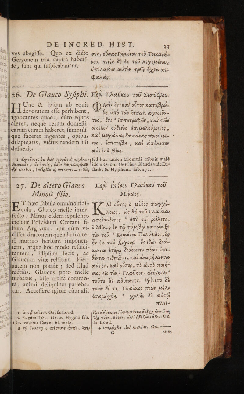 vy / | ves abegiffe. Quo ex dicto σεν, οὔσως Γηρυόνου τοῦ Ὑρικὼρή- | Geryonem tria capita habuif- ; Vov. τινὲς δὲ ἐκ τοῦ λεγομένου, | fe , funt qui fufpicabancur ὑπέλαβον ὠὐτὸν τρεῖς ἔχειν κε: , Φωλᾶς. ET ! 26. De Glauco Syfiphr. Hépi Τλωύκου τοῦ Σισύφου. IHE nc &amp; ipíum ab equis (o Ἀσὶν ὅτι κωὶ οὗτος κατεβρώ- de: CERE perhibent, 6n o DES TEM DIY. ὠγνοοῦνς- Mignorantes quód ,. cüm equos pm ipaum qo Eid. P ddl ον Xo τῶν galerer, neque rerum domefti- ^y carum curam haberet, fumptüt- οἰκείων οὐδενὸς ἐπιμελούμενος, ἴσαις faceret ingentes , opibus Καὶ με ἐγώλως δαπάνας ποιουμέ- |dilapidatis, victus tandem 11 νὸς, ἐπετρίβη., καὶ ἀπέλιπεν defuerit. doti 195 - ᾿ ἢ δευπανών j ἃς &amp;70íd , ἐδὲν ὄγημελέμΘ- idem Oxon. Detribus Glaucis videEu- n BE: ayo&amp; ret (n vo τρυφῶν X) se |i hzc tamen Diomedi tribuit malé lla οἰκείων, ἐπεϊρίξη 15 ἐπέλιπεν — recte, iftath, &amp; Hygitnum. fab. 272. MM — 3355 μι Glauco Περὶ Ἑτέρου Γλωύκου τοῦ Minois filz. Μίγωος. IE T hzc fabula omnino ridi- τ Al ovrog ὃ μῦθος παγγέ- 2 cula , Gla: aco melle inter- ἘΣ qum Po dunt. .lMfecto , Minos eidem fepulchro 3 ἢ ORE UEN. e / t : βουνὸ i ^4TL . inclut P olyídum Coerani fi- οὐποθονόντος ' ἐπὶ τω μὲ 3 / 5 e , f ,Mium Argivum: qui cüm vi- ὃ Μίνως ἔν Τῷ τύμβω κατωρυξε ed / 7 e - [ditfec draconem quendam alte- τὸν τοῦ * Κοιρώνου IloAvs;Oov , ὃς |ri mortuo herbam imponen- Jitem , atque hoc modo retulci- | lltantem , ^ idipfum fecit'4 à€ 5 JJ Glaucum vitz reftituit, Fieri θέντα τεθνεῶτι» καὶ aya gi oam Mautem non pot tuit ; fed illud αὐτὸν, καὶ οὗτος. τὸ ἀυτὸ ποιή- lre&amp;iüs. Glaucus poto mellé σῶς εἰς τὸν 3 Γλωῦκον, eyes [turbatus » bile multà commo- DOR RU TN RAD: ἐγέ cre M τᾶ. animi deliquium patieba- 1 κἢν litur. Acceflere igitur cum.alii. ^9 δέ τι. Γλαῦκος πίῶν μέλε ρον e s ; PT EA / ἣν ἐκ TOU Apyovc. ὃς ἰδὼν δρῶ-- κοντῶ ἑτέρῳ δρούκοντι πόαν £Ti- 3 / e OY exl | ἐταρονχβη. 4 χρλῆς δὲ ούτῳ | 22ZAt£i- wl σ ἐν τῷ μέλιτι, Ox. &amp; Lond. 622v εἰούγα τον, oro Sew ὅν τοῦ ad en aves «M 2 Κυρρίνε Ilo». Ox.«. Hygino fab. ΚΡ πόας. ἢ ὄφιν , AN xd ζῶον ἄγλο. OX. lI5r. vocatur Carani fil. male. | &amp; Lond. W 03 mj Γλαύκῳ , éviguowr ἀὐτὸν 7 il 4 ἐπερρέχ ϑηὴ qiu κοιλίαν, Ox, σα | [οἱ Xia