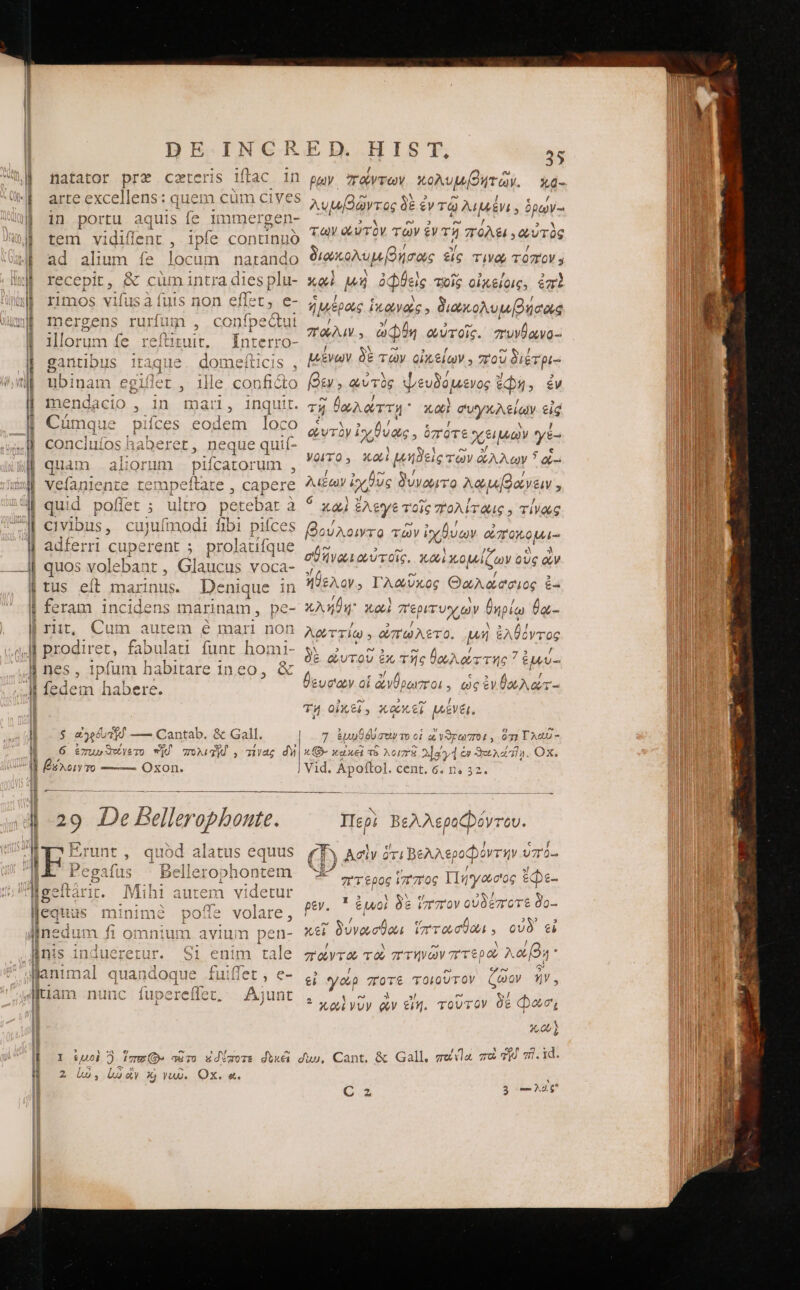 ] 11] f 3 DE INCRED. HIST, 35 fl t 07 e / Nu. Hatator prz ceteris iac 1n ρων 7ravrov κολυμβητῶν. χα- E C lei Clim ^ /GS . ' f uw Led ς 4 arte excellens: q uem cum civ λυμββῶντος δὲ £V TQ λιμένι; δρων-: in portu aq juis Íe 1mmer rgen- à | 5... ἃ e 2 e» , EY : τῶν αὐτὸν τῶν ἐντ tem vidifent , ipfe conunuo ἐν τῶν Ἐπ τη TOM» qruTag í7 ὃ i / el / ad alium fe Inc m narando διωκολυμβήσως εἰς τινῷ τόπον. 3 N : - Y àd D 2 recepit, &amp; cümintradiesplu- καὶ μή ὁ φΦϑεὶς τοῖς οἰκείοις, ἐπὲ à 1 ] ἡμέραις ἱκονοὶς» διωκολυμβήσοις mergens rurfum , confpectui ANIM ἀφθη ex ditur iae: llorum fe reftituit. In: terro- Y s. E gantibus itaque. domefticis , μένων É τῶν οἰκείων. σου ὑ διέτρι-: , 2*5 N J D ubinam eg) , Alle confi o fu, ᾳὐτὸς d/eudopuevog eq, ἐν ἡ, lI XL 111 e } , mendacio , | 1 an, inquit. τῇ Pea rS * X0 TUynAeiay dis Cümque pifces eodem loco conciuíos haberet, neque quií- quam aliorum pifcatorum , veía ni ente te! npeftate 3 capere λιξων ἐχβὺς JuvauTo λῳῴμβάνειν, (Y N »! fe) quid poffet ; ultro petebat à ^ xai ἔλεγε τοῖς πολίταις. τίνως 1 ( / “Ὁ 59 E civibus, cujufmodi fibi pifces βούλοιντο τῶν ἰχβύων oi Τοκομε- adferri cupe rent ; ; prolatífque IUE 2 ἰκομίζ έ iC oV Ü quos volebant , Glaucus voca- ous ὧν tus eít marinus. Denique in ἤθελον, Τλωῦκος Θαλάσσιος ἐ £- ὡυτὸνὶ χθύας, ὅποτε χειμὼν yt- Vol4TO , xoi μηδὲ εἷς τῶν ἄλλων ᾽ 6,-: feram incidens marinan pps XAq hi καὶ ij dian θηρίῳ θᾳ- | rit, Cum autem é mari non λαττίῳ; nora o ἐλθόντος prodiret, fabi lati funt homi- : ^s ; : n ὲ Q,UTOU ὄχ, τῆς ὠὡλώττης 7 HR nes , ipfum habitare ineo, &amp; f ; ἄγ n d B 4 21 V nt Bn [ )C eV ^? (T ul fedem habere. euoc'atv Qt QV po17r 01 ς 4. [^ ον OLAQUT 3 D 3 ο  τῇ Oi t4, XXE pev. $ a jeeun id '—— Cantab. &amp; Ga dl. | 7 &amp;uueoguy m οἱ ERES S ὁπ Τλιῦ - 6 ἐπω» ϑοίγετο QU πολι, τίνας du nx (Ὁ. κακεὶ τὸ AOI ἢ 434 ἐν debo dila. Ox. É xov To —— Oxon. ! Vid. Apoflol. cent. 6. n, 32. ——————— — 29 De Belle ophonte. Περὶ Βελ Ἢ ἘΛ ς : / Erunt, quód alatus equus (T Γ Ασὶν ori BeAA. εροφόντην ὑπ. i Pesafus ^ Bell hont MA EUM bellerophot Nel V ortpog VT7TOG IInjyocosg ἔφε- eltàari. Mihi autem videtur B- | : S s. pey. : ἐμοὶ T VT 70V οὐδέποτε do Inedu m fi omnium avium pen- Κεῖ δύνωσθαι ἵπτωσθωι., οὐδ᾽ € jJ 23^ : / M ) ni is in jueretur. 1 enim tale TTA 7 0 TTWOV7T epo 4 doy: 1 Tl qi ea [δέ 1 fT, Am lani: f al quan Je auniet , e €, γάρ more τοι οὔτον ζῷον ἥν litiam Ὡς us ereífer Ajunt ! 5 | l iu n - jd 5 κοϊὶϊγὺν ὧν εἴη. TOUT ον δὲ bia 1,05] ll mE LIVE 23: (0, 1 ox ef nd τ &amp;uob 2 ἵπῳῃί(Θ: auro ἐσέποτε dixi dup, Cant. &amp; Gall, meia ve τὴ πὶ. τὰ. 2 ἰώ, μὰν καὶ γυῶ. Ox. e. G2