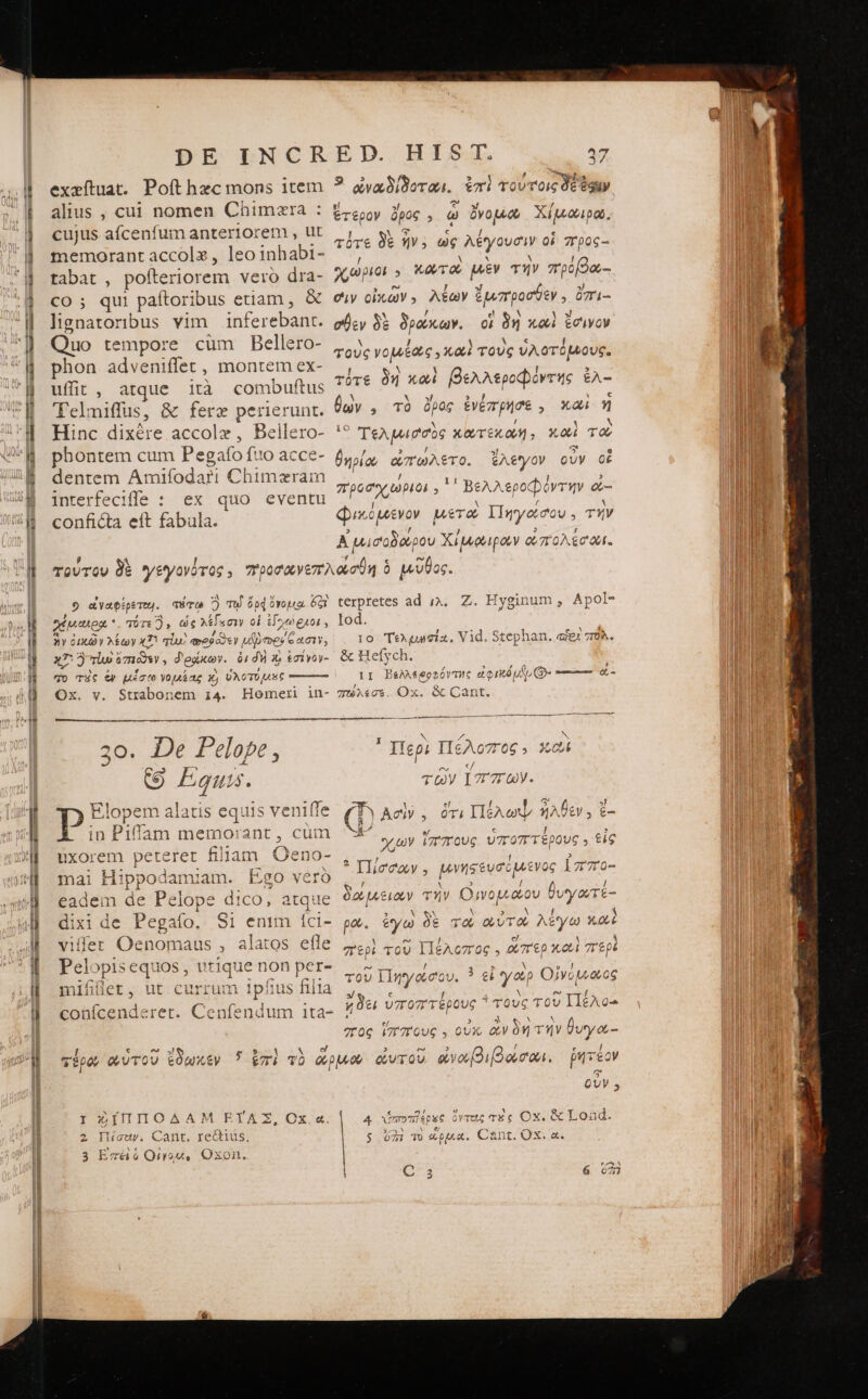 2 P 2d IRLaE Ee o ΒΞ T - A AL ak D —Q «.4 — uz 2a wA LE muEwd ' I DE INCR alius, cui nomen Chimzra : cujus afcenfum anteriorem , ut memorant accolz , leo inhabi- tabat , pofteriorem vero dra- CO ; qui paftoribus etiam , &amp; lignatoribus vim inferebant. Quo tempore cum Bellero- phon adveniflet , Inontem ex- uffit , atque ità combuftus Telmiffus, &amp; ferz perierunt. Hinc dixére accolz, Bellero- phontem cum Pegafo fuo acce- dentem Amifodari Chimzraim interfecifls : ex quo eventu conficta eft fabula. ED. HIST. 4 ἐναωδίδοται. ἐπὶ τούτοις Ot Oguy ἕτερον ὄρος , ᾧ i ὄνομου Χίμωιρω. τότε δὲ ἥν; ὡς λέγουσιν οἱ προς- χώριοι 9 xara μὲν τήν πρόβα-- σιν οἰκῶν. λέων ἔμπροσθεν, ὃπιι-- σῇεν δὲ δράκων. οἵ δὴ καὶ ἔσινον τοὺς νομέας «καὶ τοὺς ὑλοτόμους. τότε δὴ καὶ βελλεροφόντης ἐλ- Ügv , τὸ ὄρος ἐνέπρησε, καὶ ἡ Τελμισσὸς χωτεκαή: xol τοὶ θηρίω ὠπώλετο. ἔλεγον οὖν οἱ προσιχώώριοι , ' Βελλεροφόντην ὁ.-- Φικόμενον μετῶώ Πηγάσου . τὴν NU TT Χίμωιρων ὠπολέσοι. 9 ὠναφέρε emu. admo ἢ mU ὅρᾳ ὄνομα δεὶ pu ἜΝ τότε» ὡς Xf οἱ E ἣν οἰκῶν λέων x7! qiu eed cox y μϑδτρύθασιν, x7) slo ὑπιδδεν , δράκων. δι δὴ χα; ἐσίγον- πὸ τὰς ἐν pct youAs ac Xj UAOTUJASC Ox. v. Strabonem i4. Homer in- De Pelope, Ὁ) Pun. p Elopem alatis equis veniff in Pifám memorant 3 cum uxorem peteret filam QOeno- mai Hipsodam uam. odi vero Pilovise equos , U ríq ue non per- mifilet, ut currum ipfius filia conícenderet. Cenfendum 1ta- i € ^9 τερον o, uTOU I X£ÍIIIIOAAM ETAZ, Ox. a. 2 Iuow. Cant. rectius, 3 Εἰ πεῖ ὁ Qiu Oxon. terpretes ad 4, Z. Hyginum , Apol- lod. 10. Τελμησία. Vid. Stephan. «fer πολ. &amp; Hefych. ΓΙ Βελλεφοφόντης 4o mut, Qr πώλεσε. Ox. &amp; Cant. ? 1 N Zt IN ΕΣ IIeAo7r0G, Xo τῶν lor ων. »J e (m ! Ac, ὅτι Πέλωψ ἡ nS θεν. ξ.- 4^ χων ἵππους ὑποπτέρους , , ig * Πίσσων , μνησενσύμενος ΄π7πο-- oA LOL τὴν ποτ, θυγατε- pa. ἐγὼ δὲ τὸ αὐτὰ ^£ ey καὶ € περὶ τοῦ Πέλοπος , ἅπερ x περὲ QU Πηγάσου. 3 εἰ ye Ojyé μβῶος ἔδει ὑ ὑποπτέρους ᾿ ἱτοὺς τοῦ Hos Troc ἵππους » οὐχ, ὧν TE τὴν nue οὖν. Eo ra ὑποπήέρες ὄντεις τὲς Ox. &amp; Load. $ Ui τὸ 4p«x. Cant. Ox. a. ΟΣ: