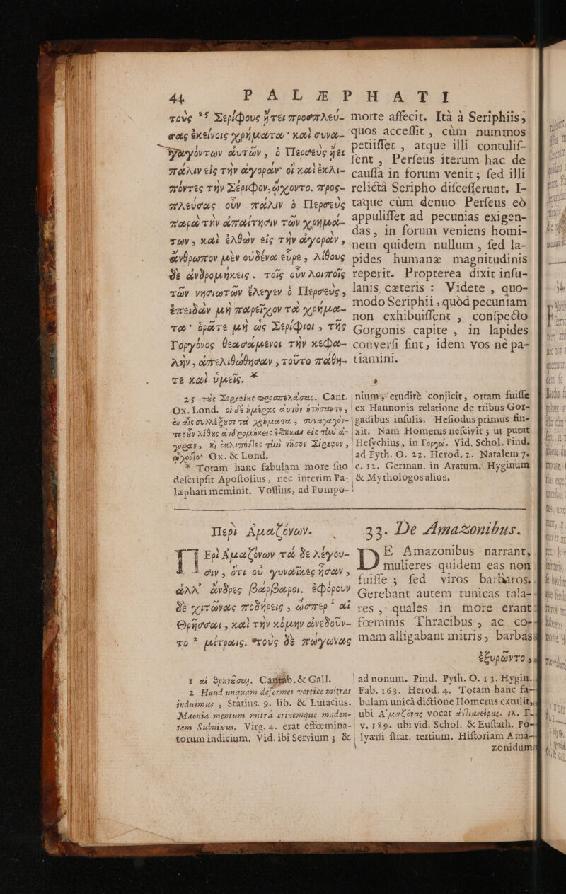 Li S idiénaet Une Re orales sro 60 C2 , 3 x σεν 9 ες ὐπὸ ὐσσρώθο Tovg ἢ Σερίφους ἢ ἥτει προσπλεύ.- σος ἐκείνοις χρήματα X001 συγού-. πάλιν εἰς τὴν A yopow οἵ καὶ ἐκλι- πόντες τήν Σέριφον, oy ovro. 7I'206- “πλεύσας οὖν πῶώλιν ὃ Περσεὺς “πωροὺ τὴν ὠποωίτησιν τῶν χρήμο- των. κοὶ ἐλθὼν εἰς τὴν οὐγοροὺν 5 δνθρωπον μὲν οὐδένω εὗρε» λίθους ϑὲ ἐνδρομήκεις . TOig οὖν λοιποῖς τῶν νησιωτῶν ἔλεγεν ὃ Περσεὺς. ἐπειδὼν μὴ πῶρεῖχον TX χρήμω- το La μῆ ὡς Σερίφιοι , τῆς Τοργόνος θεωσα μένοι τὴν κεῷα- AXV quoutabian. τοῦτο πάβθη- τε καὶ ὑμεῖς. Y 25 τές Σε ἐρεοίης pa anti sau. Cant. Ox. Lond. οἱ δὲ ἡ ἡμέρας εἰυτὸν ἡτήσοιν τ : €i es συλλέξεσι qu χεύμκωτο , TUYyo atat g- | τες ἦν Asc ἰνδρομήκεις ἔθηήκων εἰς πίλυ οἰ- Ὡρραν» X) ἐμλιπογ]ες qiu) γῆσον Σίραφον, αἰ χοῆο᾽ Ox. &amp; Lond. * Totam hanc fabulam more fuo | defcripfit Apoftolius, nec interim Pa- morte affecit. [τὰ à Seriphiis; quos acceffit, cüm nummos peuiffec , atque illi. contulif- fent , Perfeus iterum hac de cauff i in forum venit ; fed 1} reltctà Seripho difcefferunt, I- taque cüm denuo Perfeus eó. appuliffet ad pecunias exigen- das, in forum veniens homi- nem quidem nullum , fed la- pides humane magnitudinis reperit. Propterea dixit infu- lanis cxteris : Videte , quo- modo Seriphii , quod pecuniam non exhibuiflent , confpecto Gorgonis capite , in lapides converfi fint, idem vos né pa- tiamint. $ |iniumrs erudite conjicit, ortam fuiffe ex Hannonis relatione de tribus Gor- gadibus infulis. Hefiodus primus fin- |xit. Nam Homerus nefciyit ; ut putat Hefychius, in Τοργώ. Vid. Schol. Pind. νἀ Pyth. O. 22. Ηειοά, 2. Natalem 7. |c. 12. German. in Aratum.. Hyginum | &amp; Mythologos alios. .- .ὕ....ὕ...... —— M eden , καὶ τὴν κόμην ἀνεδοὺν- * μίτρωις. στοὺς δὲ πωγωνάς Y ei ϑρηνέσοω!. Cankéb.&amp; Gall. 2 Haud unquam deformes vertice ra'tras induimus , Statius. 9. lib. &amp; Lutacius. tem Subnixus. Virg. 4. exat effoemina- torum indicium. Vid.ibiSeryium; ἃς, 23. 126 Amasonibus. I Amazonibus narrant, mulieres quidem eas non fuiffe ; fed viros barbaros. Gerebant autem tunicas tala- res, quales in more erant foeminis (Thracibus, ac. co- mam alligabant mitris, barbas 5 [nd ἐξυρῶντο. Fab. 1:653. Herod.4. 'Totam hanc fa- bulam unicá di&amp;ione Homerus extulit, ubi Αἰ μαζόνας vocat aYliaveipaz. τὰ. Τὸ | lyedi ftat. tertium, Hifloriam A ma- zonidutni