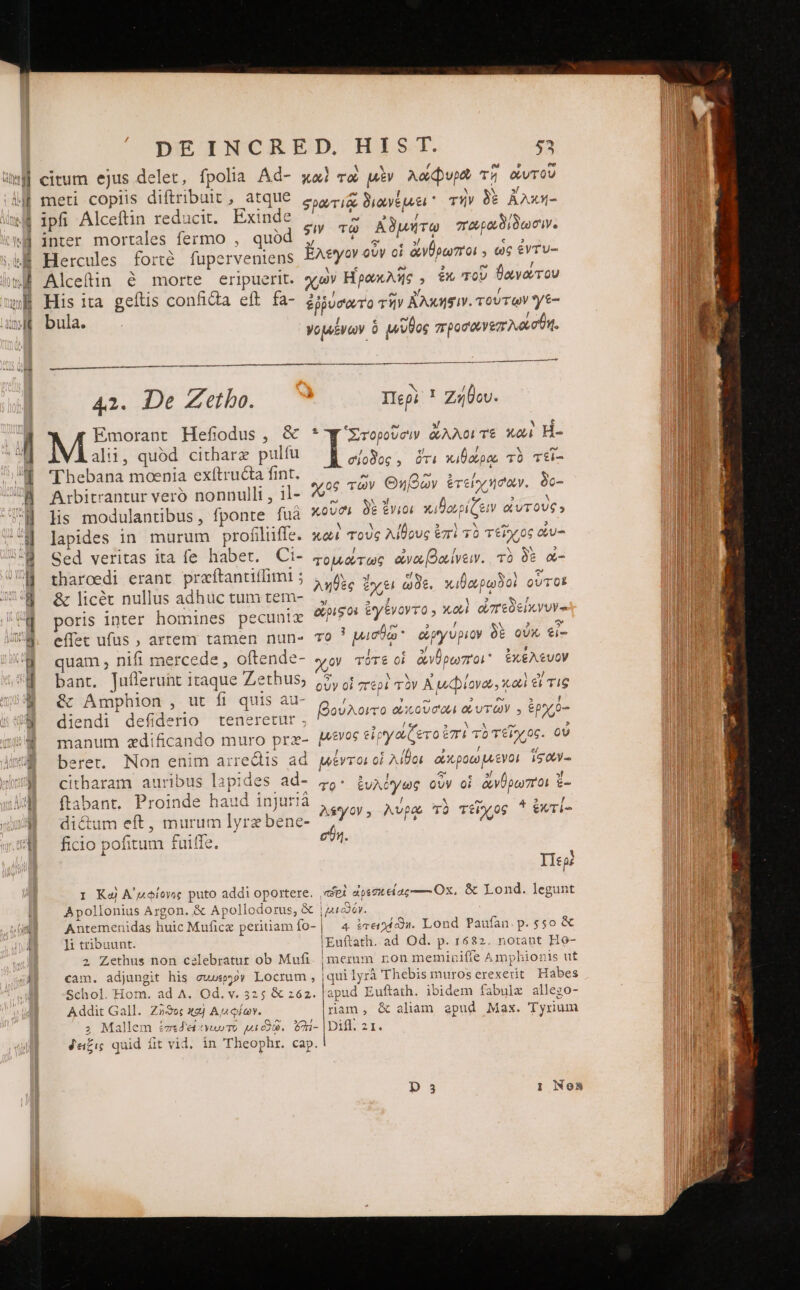 Pe σι- ως Rose DE INCRED. HIST. 53 citum ejus delet, fpolia Ad- xal τὼ μὲν λώφυρο τῇ ὠντοῦ ᾿ s diftribui E οὐ ων y meti COplis diftribuit, atque σρωτιᾷ διωνέμει τὴν δὲ ἄλκη- ipfi Alceftin reducit. Exinde inter mortales fermo , quód Eran τς Hercules forte fuperveniens Ἔλεγον ow o: ἄνθρωποι » ὡς ἐντυ- - iN . . e e 3 D L4 Alceítin ἃ morte eripuerit. «uev Ηρωκλῆς , Ἐκ TOV ϑανώτου T  NA e€ M  m ita geftis conficta eft. fa- ἐῤῥύσωτο τῆν ἄλκηφσιν. τουτων Sy£- ula. Em »« [ gw τῷ Αδμήτῳ ποραδίδωσιν. 74 γομένων ὃ μῦθος προσανεπλοσθη. .... — — Ug MM —— M À— — 42. ΠΣ δῦ. Περὶ ! Ζήθου. Emorant Hefiodus , &amp;  Ἢ Στοροῦσιν ἄλλοιτε καὶ H- alii, quód citharz pulfu I 'Thebana moenia exítructa fint. Aubirrantur vero nonnulli, il- &amp;7 ^, | Km lis modulantibus, fponte fuà *9ve δὲ ἔνιοι κιθωρίζειν ἀὐτονς» lapides in murum profiliiffe. χωὶ τοὺς λίθους ἐπὶ τὸ τεῖχος ἀυ- Sed veritas ita fe habet. Ci- χομώτως ἀνωβαίνειν. τὸ δὲ as ! / x rr] σίοδος. ὅτι κιθώρᾳ τὸ τεῖ- og τῶν Θηβῶν ἐτείχησαν. δο- EA sept rur ; s tharcedi erant praftantiffimt ; xs ἔχει ὅδε. κιθαρωδοὶ οὗτοι &amp; licét nullus adhuc tum tem- poris inter homines pecuniz tous se effec ufüs , artem tamen nun« To ! μισθῷ ὠργυριον δὲ οὐκ εἰ- quam ; nifi mercede , oftende- χον τότε οἱ ἄνθρωποι ἐκέλευον bant. Jutlerunt itaque Zethus; zy died iy ἀμφίονα, καὶ uus &amp; Amphion , ut fi quis au- | | diendi defíiderio teneretur . air ME e ^ manum zdificando muro prz- Wevos εἰργωζετο πι τὸ τεῖχος. οὐ beret. Non enim arrectis δὰ μέντοι οἱ λίθοι ὠκροώμενοι ἴσῶν- citharam auribus lapides ad- z45- ἐυλόγως οὖν οἱ ἄνθρωποι ἔ- ftabant. Proinde haud injurià di&amp;um eft, murum lyrzbene- ficio pofitum fuiffe. E S e Ἀν 3 Δ ᾿ ὥριςοι ἐγένοντο; κουὶ ὠπεδείκνυν- » ec 4 E fv E ! βούλοιτο ὠὡκοῦσωι οὐυτῶν , ἐρχι0- / - 3 A&amp;yov, λύρᾳ τὸ τεῖχος ^ ἐκτί- etn. Περὶ 1 Καὶ Α᾽ ἀφίονος puto addi oportere. «fei ἀρεσκ εέας----ΟΧ, ὃς Lond. legunt Apollonius Argon. &amp; Apollodorus, &amp; μεώῶάν. Antemenidas huic Muficz peritiam fo- | 4 iced». Lond Paufan.p. $50 &amp; ]i tribuunt. [Euftath. ad Od. p. 1682. notant Ho- 2 Zethus non czlebratur ob Mufi jmerum ron memiuiffe Amphionis ut cam. adjungit his cuu?» Locrum, |qui lyrà Thebisimuroserexert Habes Schol. Hom. ad Δ. Od. v. 325 ὃς z62. 'apud Euftath. ibidem fabulx allego- Addit Gall. Ζηδος 3x2) Aun. ram, &amp; aliam epud Max. Tyrium Mallem ἐπεδείκνεωτο pic. ὅχ1- Dil. 21. 3 δειξις quid fit vid. in Theophr. cap.