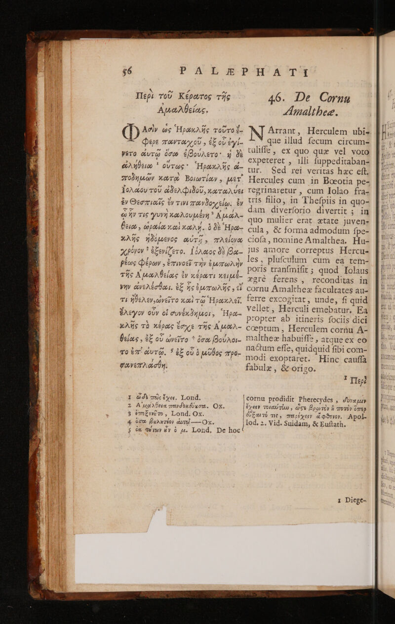 MU io -— D. EA ERG (ὡς Ou νι dodi a HD ce j e noe medir Περὶ τοῦ Κέρωτος τῆς Αμωλθείας. (D Aely ὡς Ἡρακλῆς ToUTOl- Φερε παντωχοῦ , ἐξ ov ἐγί- γέτο curd ὁσοῦ ἐβούλετο καὶ δὲ e^ xen r “ποδημῶν Xo Βοιωτίων. pet. Ἰολάου τοῦ ὠδελφιδοῦ, κατωλύει ἔν Θεσπιωῖς ἐν τινι πανδοχείῳ. ἐν ᾧ ἣν τις γυνὴ καλουμένη : Ἀμάλ- θειο;, ρωίο oti κωλή. ὃ δὲ Ἥρω- πκλῆς ἡδόμενος αὐτῇ. πλείονα χρόνον ᾿ ἐξενίζετο. όλαος δὲ βα- βέως φέρων. ἐπινοεῖ τήν ἐμπωλήν τῆς A μωλθείως ἐν κέρατι κειμέ- yu ἀνελέσθαι. ἐξ ἧς ἐμπωλῆς. cl οὕτως Ἡρακλῆς ὦ- τι ἠθελεν,ὠνεῖτο καὶ τῷ Ἡρακλεῖ. ἔλεγον οὖν οἱ συνέκδημοι, Ἥρω- λῆς τὸ κέρως ἔσχε τῆς Ἀμαλ- θείας. ἐξ οὗ ὠνεῖτο 1 ὅσω βούλοι-. vo ἐπ᾿ ὠυτῷ, 5 ἐξ οὗ ὁ μῦθος προ-- σανεπλάσθη. ὦ δε πῶς ἔχει. Lond. A uec που δοχύκσω. Ox, e7rt£sv£T» , Lond. Ox. ὅσω βελητέον ἀντί -----ΟΥ. $ ἐκ σέτων ὃν ὃ μ᾿ Lond, De hoc 46. De Cornu A :malthez. Arrant, Herculem. ubi». LN que illud fecum circum- tuliffe, ex quo que vel voto expeteret , illi fuppeditaban- tur. Sed rei veritas hxc eft. Hercules cum in Boeotia pe- regrinaretur , cum lolao fra- tis fillo, in Thefpiis in quo- dam diverforio divertit 5 in quo mulier erat «tate juven- cula , & forma admodum fpe- ciofa, nomine Amalthea. Hu- jus amore correptus Hercu- les, plufculum cum ea tetm- poris tranfmifit; quod Iolaus vrgré ferens , reconditas in cornu Ámalthez facultates au- ferre excogitat , unde, fi quid eller, Herculi emebatur. Ea propter ab itineris fociis dici coeptum , Herculem corhu A- malthez habuiffe , atque ex eo nac&tum effe, quidquid fibi com- modi exoptaret. Hinc cauffa fabulg , & origo. * Περὲ [cornu prodidit Pherecydes , d'ova ay ἔχειν oit lu , ὥςε Decorty ἢὶ ποτὸν ὅσπερ DTE me, παρέχειν εἴ φϑύνον. Apol-