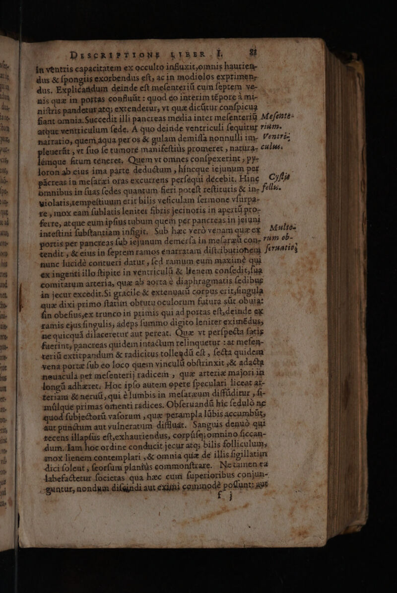 ».DsseRni£fIONS RrhrR.H 2i in ventris capacitatem ex occulto influzit,omnis hautiete dus &amp; fpongiis exorbendus eft, ac in modiolos exprimen; dus. Explicatdum deinde eft mefenteriü cuim feptem ve- nis quz in pojtas confluüt : quod &amp;o interim tépore à mi- niftris pandetür atq; extendetur, vt qua dicütur confpicug narratio, quem.áqua per os &amp; gulam demiffa nonnulli ime émque fitum téneret, Quem vt omines conípexerint ; py- loron ab cius ima parte deduétum ; híacque iejunum per pácreas in mefati oras excurrens perféqui décebit. Fine Cyfa omnibus im fuas fedes quantum fieri poteft reftitucis &amp; 1n- fellis. uiolatis;tempe(tiuum erit bilis veficulam fermone vfürpa- re , mox eam fublatis leniter fibis jecinofis in apertü pro- ferre, atque eum ipfius tubum quem per pancreas in jeigni od nitó- inteftini fubftantiam infigit, Sub hac veró vénam que ex fa. s nunc hücidé contueri datur , fed ramum eum maxiné qui €x ingeti illo ftipite in ventriculü &amp; lienem confedit;fua comitarum arteria, qua a5 aorta e diaphragmatis (edibug in jecur excedir.5i gracile &amp; exienuatii corpus erit;fingula uz dixi primo ftatuit obtutu oculorum futura süt obuia: ín obefius,ex trunco iri primis qui ad portas eft,deinde ex ramis ejus fingulis; ádeps furimo digito leniter eximédus; ne quicquá dilacerecur aut pereat. Quz vt perfpecta fatis fuerint) pancreas quidem intactum relinquetur : at mefen- teri extitpandum &amp; radicitus tollegdü cft ; fe&amp;a quidem yená portz fub eo loco quein vinculü obftrinxit ;&amp; adactg neuacula pet mefenterij radicem , qua arterie majoriig longá adhzzet; Hoc ipo atitem opere fpeculari liceet ai- feriam &amp; nerui , qui é lumbis in meíarzum diffüditur , fi- mülque primas orhenti radices. Obferuandü hic feduló ne quod (ubjectorü vaforum , que perampla lübis áccumbiüt; aut punctum aut vulneratum. difflut. Sanguis denuó qui tecens illapfus eft, exhauriendus, corpüíq; omnino ficcan- dum. lam hoc ordine conducit jecur atq; bilis folliculum; 1nox lienem contemplari ,&amp; omnia quiz de illis figillatiuni dici folent ; feorfumi planitis commonftrare. Netaimen ea guntur, nondum difgjndi aut exiini gamiuede poflunt: aut H