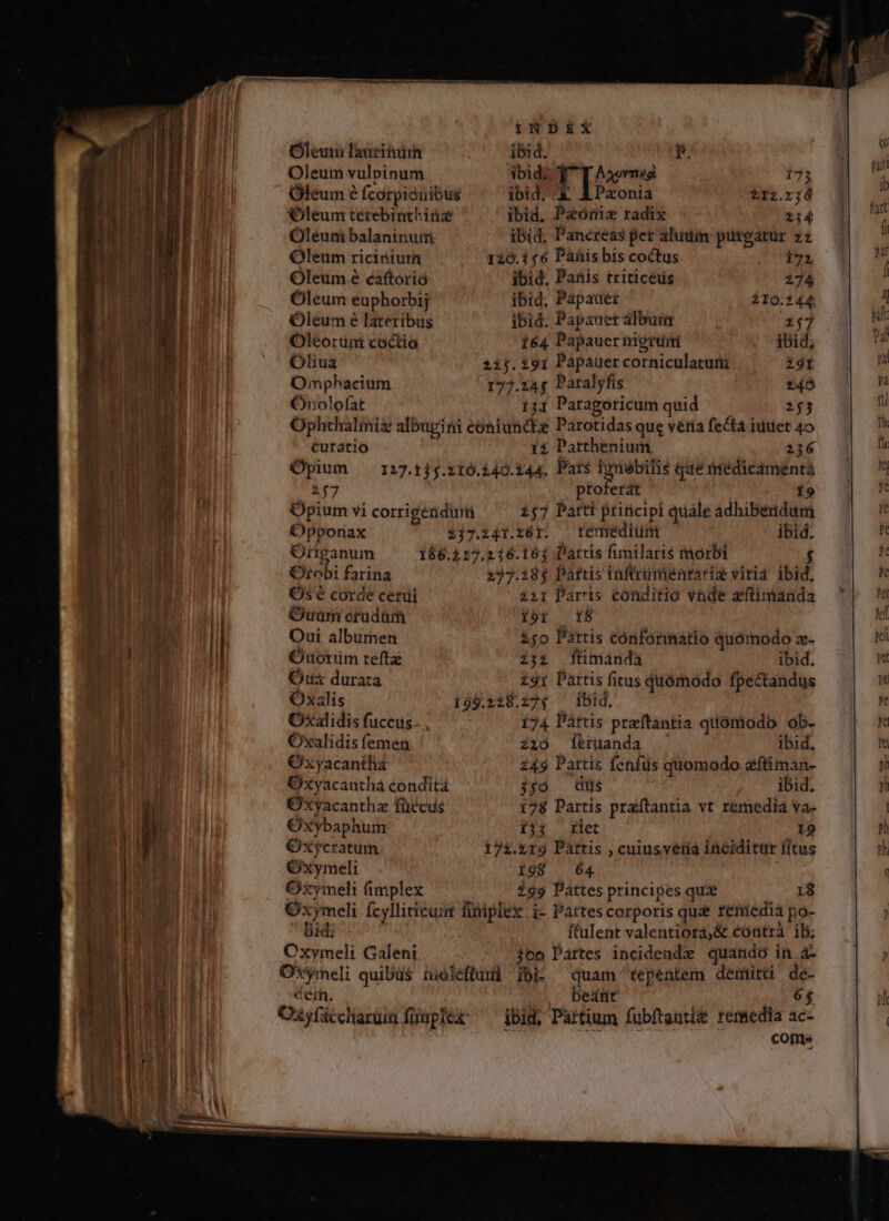 leu Tauri ibid. P. Oleum vulpinum ibid; Axornugi 173 Oleum 6 fcorpiónibus ibid. à &amp;Pzonia $12.2;8 Oleum térebinthinz ibid, Pzonz radix 214 Oléuni balaninutri ibid. Pancreas per aluum puroatur zz Oleum riciiium 120.156 Panis bis coctus i71 Oleum e caftorió ibid. Panis triticeus 174 Oleum euphorbij jbid. Pápauer 210.244 Oleum e lateribus jbid. Papauer albun 257 Oleorünt coctia 164 Papauer mgrum ibid, Oliua $15. $91 Pápauercorniculatuni 29r Omphacium I77.244 Paralyfis ?4ó Onolof(at 131 Paragoricum quid — - 253 Ophthalmiz albupgini eoniuncte Parotidas que véria fecta iuuet 4o curatio 1; Patthenium 2136 Opium — 127.15 5.216.240.144. Pats Ionebilis que ieédicamentà 167 proferat. oan We Opium vi corrigendi 257 Partt priricipi quale adhibendum Opponax 3j7.24r.:01. | remedium ibid. Origanum 166.117,216.163 Paris fimilaris morbi í Orobi farina 237.185 Partis inftrurienrariz viria ibid, Ós'€ corde cerui 221i Paris conditio vnde zfüimanda Ouuri erudam f0r: 18 Oui albumen 5o Partis conformatio quómodo z- Ouorüm teftz 2:1 d1ümánda ibid. Oz durata £91 Partis ficus quómodo fpectandus Oxalis 195.228.27; ^ ibid, Oxalidis fuccus. . 174 Pártis preftantia quómodo ob- Oxalidis femen z10 ftruanda ibid, Ox yacanthá 249 Partis fcnfus quomodo zftiman- Oxyacantha condita jjoó dus ibid, Oxvacanthz füccus 178 Partis praftantia vt r&amp;media va- Oxybaphum 13; rlet 9 Ox ycratum 17z.z19g Partis , cuiusvetia inciditur fitus Oxymeli 1989 64 Oymeli fimplex 299 Partes principes qua 18 Oxymeli fcylliticum fimplex i- Partes corporis quae reniedia po- Didi - ftulent valentiora,&amp; contrà ib: Oxymeli Galeni jbo Pártes incidende quando in 4- Oxymeli quiDüs nioiefturd 1bi- quam tepentem demitti de- dein. Dedüt 6$ Oxyficcliaruim füplex: ^ ibid, Paftium fuübítanti&amp; remedia ac- É TR RENS / cofms