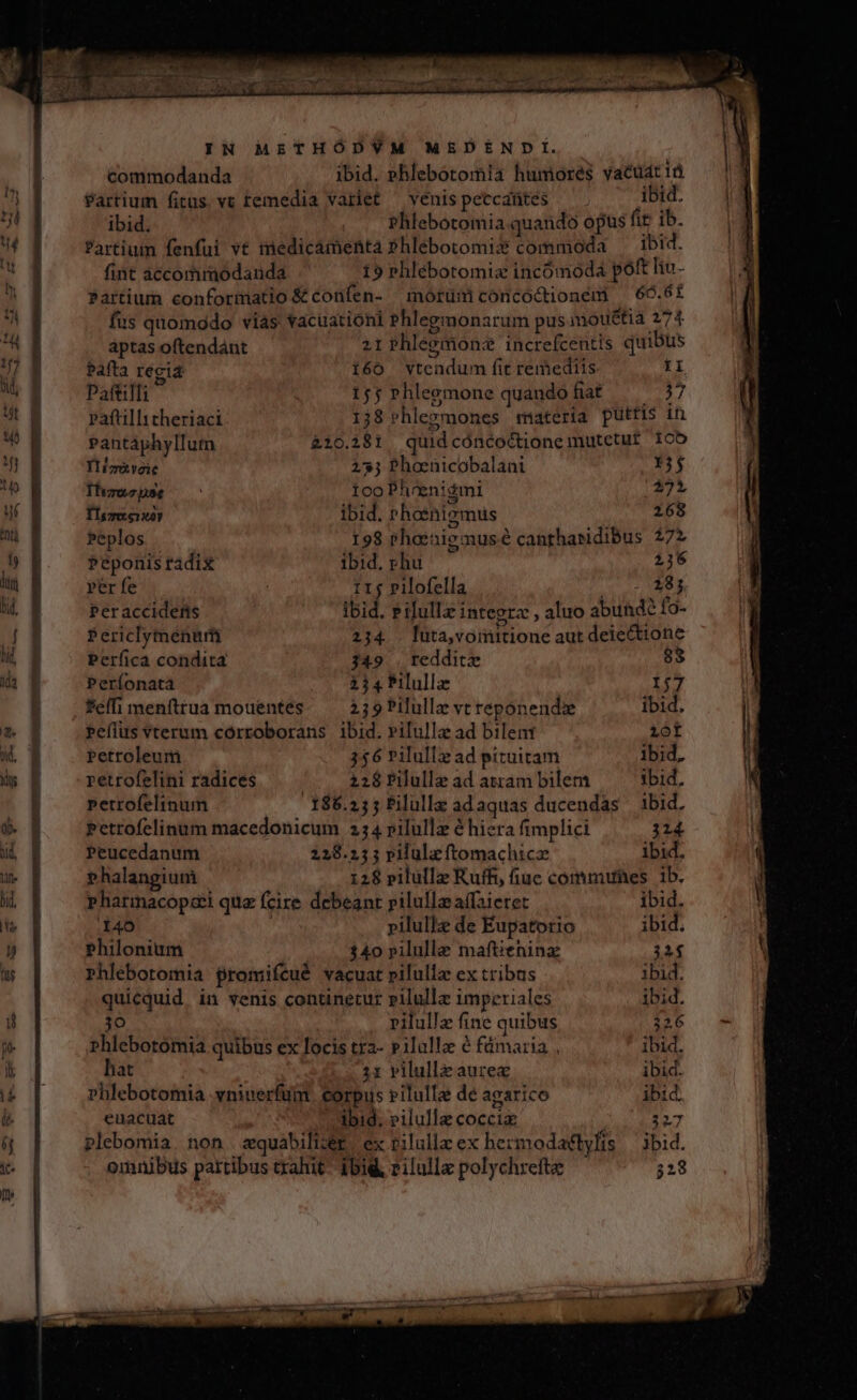 commodanda ibid. phlebótomia humores vacudt id Sartium fitus. vc remedia variet ^— venis peccantes ibid. ibid. |, . Phlebotomia quando ojus fit ib. Partium fenfui vt medicamenta Phlebotomizi commoda —— ibid. fint àccommodauda 19 rhlebotomiz incómoda pott liu- Partium conformatio &amp; conífen- morümcóncoctioném — 60.6£ fus quomodo vias: vacuatióni Phlegmonarum pus mouetià 274 áptas oftendànt 21 Phlegmonz increfcentis quibus Pafta regia 160 vtendum fit remediis II Paftilli 155 Phlegmone quando iat —— 37 paftillitheriaci 138 »ehlezmones materia pUutfis in Pantáphyllum à10.281 quidcóncoctione mutctut 105 Ylizàvoie 27; Phoenicobalani Y3$ Imus o c looPhazenidmi 27$ Iiszeer ibid. rhoenie mus 168 Peplos 198 rhaeniemus e cantharidibus 272 Peponis tadix ibid. chu 236 ver fe 115 pilofella kenn Peraccideris ^. ibid. pilullz integra , aluo abunde fo- Periclymenuri 234 luta,vomitione aut deiectione Perfica condita 349 . redditx 83 Períonata 254 Pilulla 157 feífi menftrua mouentes 239 Pilullz vt reponendze ibid. Peflus vterum córroborans ibid. rilullz ad bilent 1o Petroleum 356 rilullz ad pituitam ibid, retrofelini radices | 22$ Pilulle ad atram bilem ibid. petrofeltnum 186.255 Bilullz adaquas ducendas | 1bid. Petrofelinum macedonicum 254 pilullz à hiera fimplici 314 Peucedanum 228.255 pula ftomachicz ibid. phalangiuti 128 pilüllz Ruffi fiuc communes 1b. pharmacop«ci quz fcire debeant pilulleaffaieret ibid. 140 pilullz de Eupatorio ibid. Philonium 340 pilulle maftieninz 31$ phlebotomia promifcué vacuat pilullz ex tribus ibid. quicquid. in venis continetur pilulla imperiales ibid. Le . Pilullz fine quibus 226 phlebotómia quibus ex locis tra- rilulle é fümaria , ibid. hat 2x vilullzaure« ibid. phlebotomia .vniuerfum. corpus pilullz de agarico ibid, euacuat  abid. pilullae coccia 2217 plebomia. non equàbilizer ex rilullz ex he:modattyfis jbid. omnibus partibus trahit ibiq, zilulla polychrefte $28