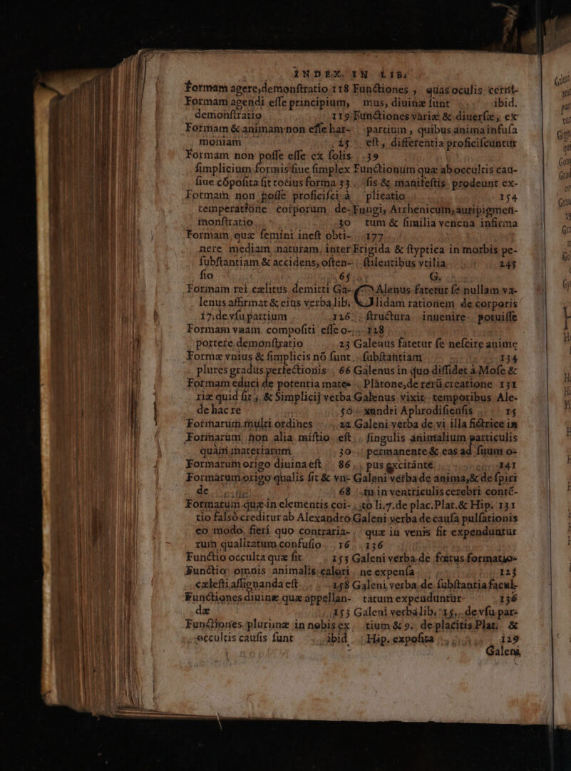 Rc inpet ent ipee eio in. m u-— — sais z ATUS er d- o4 NDÉXOrW LI, formam agere,demonftratio 118 Funciones , quas oculis. cetrit- Formam agendi effe principium, | mus, diuinz funt ibid. demionhftratio 119 Tun&amp;tiones vàriz &amp; diuer(x , ei Fotmiam&amp;animamrnon eflehar- | partium , quibus anima infufa ,.mohiam ^. ^, $$ eft, diffetentia proficifcuncur Formam non poffe effe c&amp; folis. | .39 fimplicium formis fiue fimplex Functionum qua ab occultis cau- fiue cópofita fit totius forma 53... fis &amp; manifeftis. prodeunt ex- Iormam non poffe proficifet à —plicatio | .. Ij4 temperatióne . cofporum. de- Fungi, Arrhenicum,autipigmen- inonftratio 30 tum &amp; fimilia venena infirma Formam, quz feminti ineft obti- |.177 nere mediam naturam, inter Frigida &amp; ftyptica in morbis pe- fubftantiam &amp; accidens; often | (tileuzibus vtilia | 145 fio | qa TEN WT G. sho Formam rei czlitus demitti Ga- Ces fatetur f&amp; nullam va- lenus affirmat &amp; eius verba lib; XJ lidam ratioriem. de corporis Í7.devfupartium I16 .Ítructura inuenire. potuiffe Formam vaam compofiti effe o... 128 portefe demonflratio Form vnius &amp; fimplicis nó funt... (übftantiam QUIA plures gradits perfectionis: | 66 Galenus in quo diffidet à. Mofc &amp; Fotmam educi de potentia mates ., Plàtone;de rerü creatione 131 rig quid fic, &amp; Simplicij verba Galenus vixit temporibus Ale- de hac xe 5o; xandri Aphrodifienfis ...— r4 Foimanum mulc ordines 22. Galeni verba de.vi illa fidtrice in Kotinarumi hon alia miftio | eft . fingulis animalium particulis quái nateriarum. jo.. permanente &amp; eas ad fuum o: Formarui origo diuinaeft |. 86. , pus gxcitánté jest t Formàrumorigo qualis fit &amp; vn- Galeni vétba de anima,&amp; de fpiri de, Cit 68. .tninventticuliscerebri conté- Formaruim quz-in elementis coi- . to li.7.de plac.Plar.&amp; Hip. 131 tio falsócreditur ab Alexandro Galeni verba de caufa pul(ationis co modo. fierí quo contraria-.. qux in venis fit expenduatür Functio occulta quz fit 153 Galeni verba.de fostus formatio» Funclio! omnis animalis,;calori | ne expenía i $23 .; €zleftiaflienanda eft 158 Galeni verba.de fubftantiafacul Funciones diuing queappellan- tatum expeuduntür 136 dz 153 Galeni verbalib, 15... de vfu par- Funéliones. plurunz innebisex. tium &amp;9. deplacitisPlar &amp; -ecculris caufis funt bid 1 Hap. expofita 252i 129 ; Galeni, p —