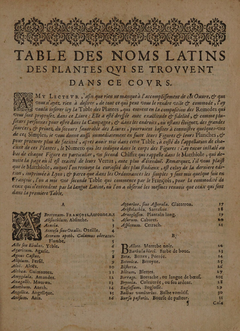 r' É J D detpahetssietnate tetes ete CEE EEE CD TABLE DES NOMS LATINS DES PLANTES QYISE TROVVENT FUN le D ARS T CB DO VAS, | ONE MY LEecrTevR , afrique rien ne manque l'accompliffement de cEe Onure, G: que CAS Vous n'ayez rien à défirer » de tot ce qui peut vous le rendre vrile d commode , ay ESS vouls inferer icy La Table des Plantes qui entrent en La compefition des Remedes qui Vous font proprofez dans ce Linre: Elle à effé dreffée auec exaititude &amp; fidelité, &amp; comme plu- Jieurs perfonnes pour effre dans la Campagne, @° dans les endroits ; où eflans éloignez. des grandes Jources, &amp; priuez du fécours fanorable des Liures ; pourroient hefiter à connoifire quelques-vns de ces Simples, je vous donne auffi immediatement èn faite leurs F igures Gr leurs Planches, Pour procurer plus de faciitté , apres aueir mis dans cetie Table , à coffé do l'appellation de cha= Cune de ces Plantes ; le Numero qui les indique dans le corps des Figures : ÿ ay encor in$talé au bas de chaque Figure en particulier , ou fécond Chiffre qui rappelle dans le Matthiole ; qui de= notie la page ou il eff rraitté de leurs Vertus ; auec plus d'étenduë. Remarquez s'il vous plaiff que le Matthiole, avquel l'on rennoye la curiofité des plus ffudieux ; eff celuy de la derniere edi- tion ; imprimée à Lyon ; @ parce que dans les Ordonnances les fimples y font mis quelque fois en François , lon a mis ne féconde Table qui commence par le François, pour la commodité de Ceux quin'entendent pas La langue Latine, on Fon à cbfèrné les mefines renuois que cenx qui font dans la premiere Table, A Apparine, fine Afberula. Glatteron. V4 | Ariflolachia. Sarrafine. 18 NS Brotonum. FRANÇOIS .AurOnne,n.1 Arnogloffon. Plantain long, 19 PE Abfinthium. Abfinthe. 2 Afarum. Cabaret. 6 Acacia. 3 _ Afflemum, Cetrach. 21 PAIZANS Acetofn fine Oxalis. Ozeille, Pis si $ AMES À Acorur apoth. Calamus odoratus: | Bi° , np ee te lab: : Le $ 1 … Aôte feu Ebulus, Yeble, ; 6 Allote. Martube noir. _ : 28 Agaricum. Agaric, L''APT Barbulahirci. Barbe de bouc. ; 23 Agaus Caftus, 8 Bera. Bettes, Porrée. 1 24 Alipinm. Perfil, | 9 Betonica. Betoyne. 2$ - Aloë. Aloës. 10 Biforta. 26 Athena. Guimauues, à, 11: Blitum, Blettes. r 27: * Armygdale. Amandes. | 12 Borrago. Borrache , ou langue de bœuf, 20€ “inagallis. Mouren. : 2 +13 Bryjonia. Coleuurée, ou feu ardent, :: 28 -#inethum, Aneth. : 14 Buglofum.-Buglofle. : |, : 29 “ngelica. Angelique. 35 Balbus vomitorius. Bulbe vomiif, ti 80 dnifum. Anis, HI LES _ 46. Burfa pafloris., Bourfe de sue 31