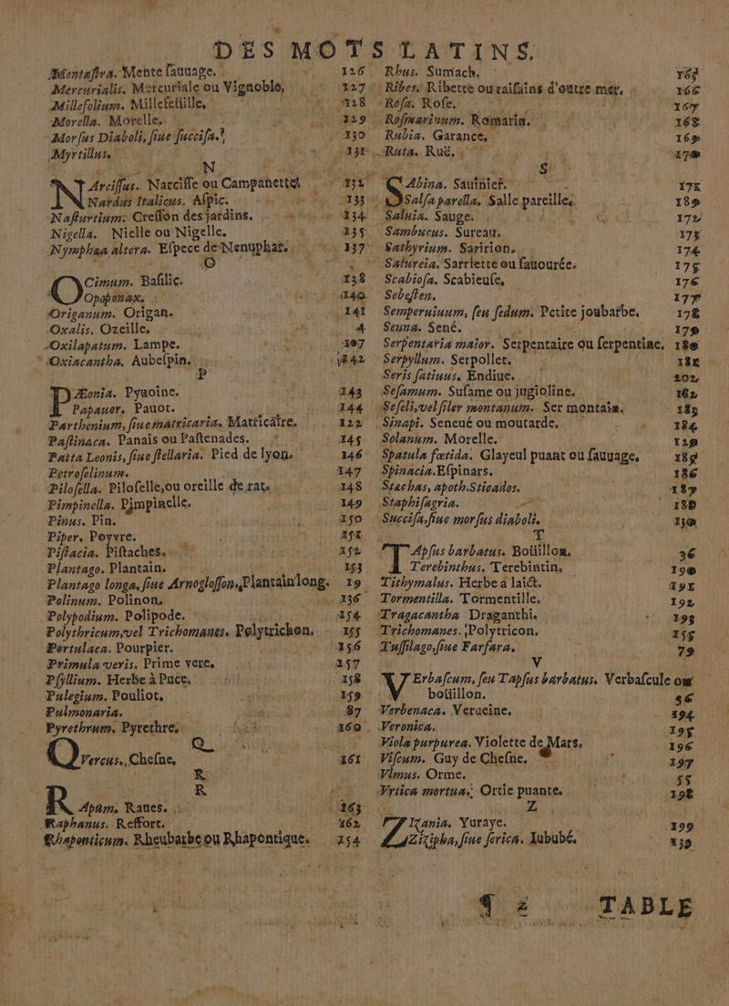 DES MOTS LATINS. Mentafira. Mente lauuage. : 126 Rbhus. Sumach. : reg Mercnrialis. Metcuriale ou Vignoble, x27. Ribes: Ribetre owraïifains d'outte mer, 166 Millefolium. Millefetille, 71 #28 «Rofa. Rofe. AA Eh E WE Morella. Morelles 1 329 Rofiearinum. Romarin. | : | 16€ - Mor fus Diaboli, fine faccifa.} __ 430 Rubin. Garance, 162 Myrtilluse % en CA Rates Ruë. 5 4 : 17® s Arciflus. Narcifle ou Campanetté, 1 ‘432 ÇC'Abinn. Sauinier. Ponge 17 NÉE Italicus, Afpic. UN, 23 9 S4lfaparella, Salle pareilles. 189 Naflurtinm: Crellon des jardins, +. + 134 Saluia. Sauge. LEE. € 172 Nigella. Nielle ou Nigelle. SE, A3$ Sambucus. Sureanr. 17% Nymphan altera. Efpece deNenyphaf., © 337 Sathyrium. Saririon. | | 174 R de) = 7, + Salureia, Satriette ou fauourée. 17ç Cimum. Baflic. 438 Scabiofa. Scabieufe, | 17€ £ Opaponax, , ? } SMS ‘440. Sebeften. 177 Origanum. Origah. ire e +141 Semperuiuum, [eu fedum. Petite joubarbe. 178 Oxalis. Ozeille, à ‘ A Senna. Sené. dti 178 _ Oxilapatum. Lampe. . 497 Serpentaria maior. Serpentaire ou ferpentine, 18e *Oxiacantha. Aubelpin.: 42 Serpylum. Serpolle. ; 18€ P Seris fatinus, Endiue. 202. Ty Æonia. Pyuoine. 243 Sefamum. Sufame ou jugioline. 182 A Papauer, Pauot. .,. à 244 Seféisvelfiler montanum. Ser montais. 183 Parthenium, fiuematticaria. Matficaïre, 122 Sénapi. Seneué ou moutarde, … 184 Paflinaca. Panais ou Paftenades. * * 445 Solanum. Morelle. 129 Paita Leonis, fine fiellaria. Pied de lyon. 146 Spatula fœtida. Glayeul puant où fauvage, 13g Petrofelinums. 12% 447 Spinacia.Efpinars. Jhoree 186 Pilofela. Pilofelle,ou oreille de rats . 348 Stachas, apothSticados. | 41%? Pimpinella. Pimpinelle. 149 Séaphifagria. TT | 188 Pinus. Pin. aol 150 Swccifafine morfus diaboli, 13@ Piper. Poyvre. EE Le pet Piffacia. Piftaches. É DRE _ afz Apfus barbatus. Boüillon. 36 . Plantago. Plantain. F iii 1953 À Terebinthus. Tercbintin. | 10® Plantago longa, fiue Arnoglofon Plantäinlong. 19 Tithymalus. Herbe a laid. T9E Polinum. Polinon. 136 Tormentilla. Tormentille. 192 Polypodium. Polipode. | MR aÿ4 Tragacantha Draganthi «198 Polythricumsvel Trichomanes. Pelytrichon, 1$$ Trichomanes. ;Polytricon. x5$ Portulaca. Pourpier. AU 156 Tuffilago.fine Farfara. % 79 Primula veris. Prime vere, 257 :! \'4 r Pfjllium. Herbe à Puce. 5 158 7 Erbalcum, Jeu Taplus barbatus. Verbafcule ow Pulegium. Pouliot, 159 1: boüillon. «6 Pulmonaria. es ES | 87 Verbenaca. Verueine, 194 Pyrethrum. Pyrethres he 360. Veronica. | 19ÿ M IP (TE . à Wolapurpurea. Violette de Mars, 196 Vercus., Chefne, :: 3 x61 Vifeum. Guy de Chefne, 113. ge 197 Rk Vimus. Orme. A 55 | R KR : Vriica mortua Ortie puante 198 N,. Apam, Rates. .: 24 HR 1 AN Raphanus. Reffort. 162 Nr Yuraye. | 199 Rapontiqum. Rheubarbeou Rhpontique. 54 Ziipha, fine ferica. Aububé, ae