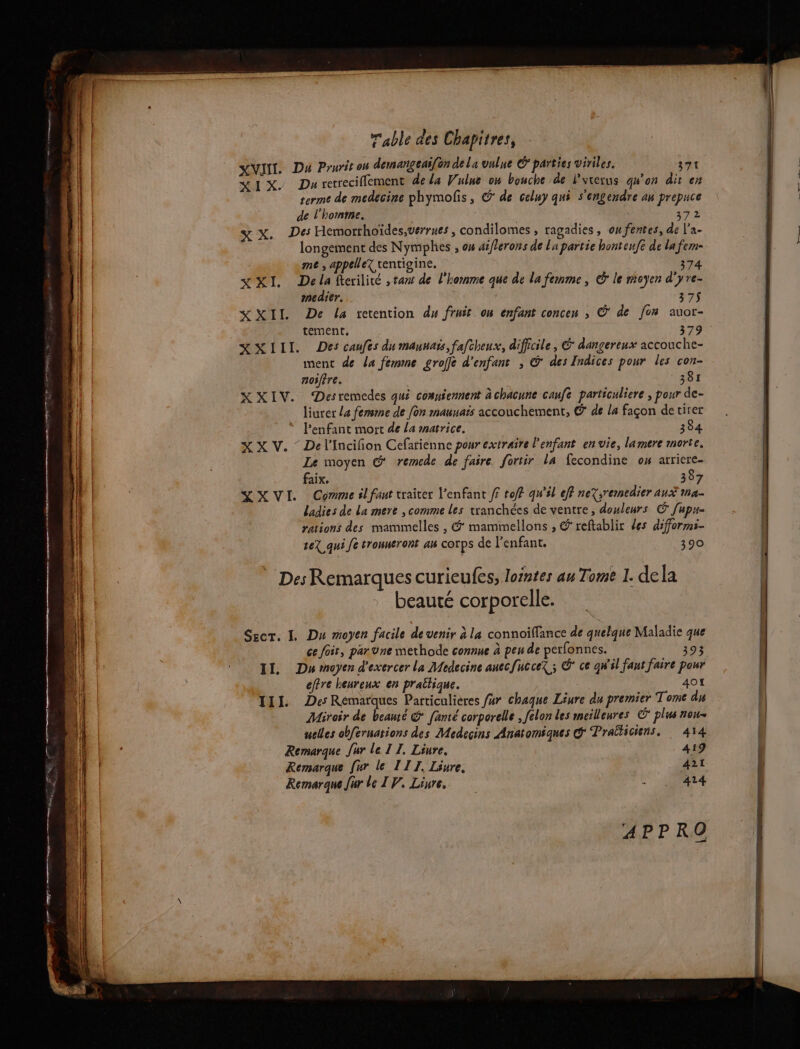 D Ce SO dE . ; e — — 7 . _—— > LS == ——— : _ = = SVT. Du Prurit on demangeai{on de La vulne &amp;' parties viriles. 371 SIX. Du rerrecillement de la Vulne on bouche de l’vterus qu'on dit en terme de medécine phymofis, G de celuy qui s'engendre an prepuce de l'homme. Er - ZX, Des Hemorthoïdes,verrues , condilomes , ragadies, ou fentes, de l'a- longement des Nymphes , ow aiflerons de La partie honteufe de la fem- me , appelez tentigine. 374 XXI. Dela ftcrilité tax de l'homme que de la femme, © le moyen d'yre- nedier. 375 XXII De La retention du fruit on enfant concen ; © de fon auor- tement. 379 &amp;XIII. Des caufes du mannais,faftheux, difficile, € dangereux accouche- ment de la femme groffe d'enfans ; © des Indices pour les con- nosfire. 381 X XIV. ‘Desremedes qui comniennent àchacune caufe particuliere , pour de- liurer La femme de fon maunaïs accouchement, € de la façon de tirer l'enfant mort de La matrice. 384 X X V. ” Del’Incifion Cefarienne pour extraire l'enfant en vie, lamere morte. Le moyen @' remede de faire fortir la fecondine ox arriere- faix, 387 Ladies de La mere , comme les tranchées de ventre, douleurs © fupu- rations des mammelles , &amp; mammellons , @ reftablir les difforms- te qui fe tronneront an corps de l'enfant. 390 Des Remarques curieufes, lointes au Tome 1. dela beauté corporelle. Sgcr. IL Du moyen facile de venir à la connoïffance de quelque Maladie que ce foit, par Une methode connue à peu de perfonnes. 393 II. Dn moyen d'exercer la Medecine anecfuccex ; C* ce qw'il faut faire pour effre heureux en prattique. 401 III. Des Remarques Particulieres far chaque Liure du premier Tome du Miroir de beauté @ fanté corporelle , felon les meilleures C* plus nou nelles obfernations des Medecins Anatomiques G Pralliciens, : 414 Remarque Jur le I I. Liure. 419 Remarque [ur le III, Liure. 421 Remarque fur le I P. Liure, . 414 APPRO