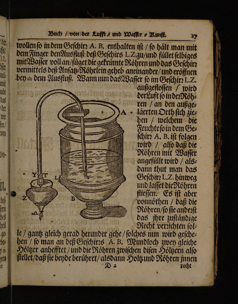 Mt. wollen (o in dem Geſchirꝛ A. B. entl | bált man mí 1 | B. enthalten ift / fo bált man mit n dem Finger den Ausfluß deß Geſchirs e ate dre i mit Waſſer voll an / fuͤget die gekruͤmte Röhren und das Geſchir: vermittels deß Anſatz⸗Roͤhrlein geheb aneinander / und eroͤffnen ni bey s bem Ausfluß. Wann nun das Waſſer ſo im Geſchirꝛ L. 2. 3 Ans Wi | ren / an den — 75 Wt - Jáerten Orth ſich i» tit | ben / welchem de 0 Feuchte ſo in dem Ge⸗ IM | fbit? A. B. ift folgen | wird / alſo daß die 15 Rohren mit Waſſer | angefüllt wird / als⸗ | bann tbut man bas 1 Geſchirꝛ L. Z. hinweg „ unb laſſet die Rohren 1 flieſſen. Es ift aber M I vonnoͤthen / daß die km | Roͤhren / ſo fie andeꝛſt y das ihre zuſtaͤndige i } Mecht versichten fob le / gantz gleich gerad herunder gehe / ſolches nun wird geſche⸗ iy E. ben / fo man an deß Geſchirꝛs A. B. Mundloch zwey gleiche „el Holger anhefftet / und die Röhren zwiſchen diſen Hoͤltzern alfo h ſtellet / daß fie beyde beruͤhret / 3 Holtz und Roͤhren . f D 2 recht N 1 2