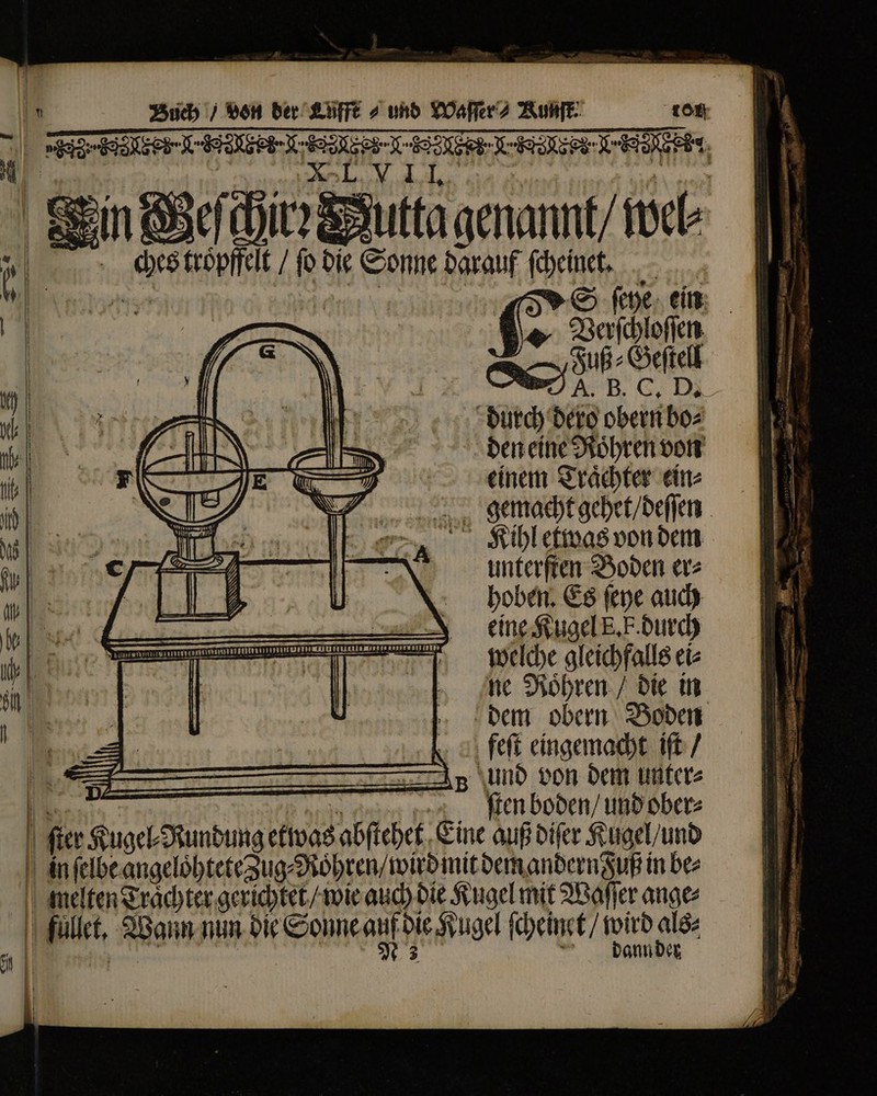 . Mme FFF JE eoo A ds. | i | em en tröpffelt / fo die Sonne darauf ſcheinet. ern Verſchloſſen . Geſtell A. B. C, Di durch dero obern bo⸗ den eine Roͤhren von einem Traͤchter ein⸗ Kihl etwas von dem unterſten Boden er⸗ hoben. Es ſeye auch eine Kugel E. F. durch welche gleichfalls ei⸗ ne Röhren / die in dem obern Boden feſt eingemacht iſt / | | p unb von dem unters l ſten boden / und obere | fie RETURN etwas abſtchet Eine auß diſer Kugel / und n ſelbe angeloͤhtete Zug⸗Roͤhren / wirdmit dem andern Fuß in bee melten Trächter gerichtet / wie auch die Kugel mit Waſſer anges | fult Wan n nun die Sonne auf wege ſcheinet / pid als⸗ dann der emet — ä it - i  : . e ng ] —- 2 = en a UT T T R — ei s 2222 2— - or^. : BR? : ae  EEE — t ^ rv — — — % 7 3 * — nuns — — — *  — merum p. — -- 2 aor A. s N Nm s ^ NES = e me x6 A NT- p — : r.i E Fw * — Ye 3 Pin u — . —ͤ— — cnm e dad ee. r u — B 8 ng Te