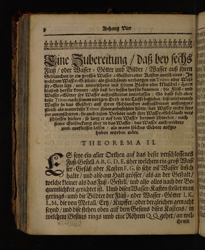 Anhang Vier „ cnc 2 Sri 2 . . s: . f. „ „ E | | FCC Dine Jubereitung / daß bey fedis | Fluß / oder Waſſer⸗Goͤtter und Bilder / Waſſer auß ihren Schlauchen in ein groſſes Waſſer⸗Geſchirꝛ oder Kaſten ausſchitten: In welchem Waſſer⸗Geſchir: / als gleichſamb verborgen ein Triton oder Waſ⸗ ſer⸗Gott ligt / und unverſehens mit feinem Hlaſen oder Muſchel⸗ Horn o blaſend berfür kommt / alfo daß bey deſſen herfůr kommen / die Fluß ⸗⸗ und In) Waſſer⸗Goͤtter ihr Waſſer außzuſchitten unterlaſſen: So bald fic aber v.v; diſer Triton nach ſeinem vorigen Orth in die Tieffe begiebet⸗ diſe wiederum Waſſer in das Geſchirꝛ auß ihren Schlauchen außzuſchitten anfangen? gleich als wann diſer Triton ſhnen anbefohlen hatte das Waſſer nicht fer : | V ner auszuſchitten / fie auch diſem Verbott nach jbre Waſſer⸗Schlaͤuch ver⸗ umb ausflieffen laſſen / als wann ſolches Gebott aufge⸗ 1 Sͤſeye ein aller Orthen auf das beſte verſchloſſenes I halte / und alfo am Halt groͤſſer / als an der Geſtalt | jo quemlichkeit gerichtet iſt. Umb diſen Waſſer⸗Kaſten ſtellet man in che mit ſchloſſen hielten / ſo lang er auf dem Waſſer herumb ſchwebet / nach ſeiner Einſinckung aber in das Waſſer / das Waſſer auch wieder⸗ hoben worden waͤre. Joche T HE ORE M A II 1.5 Fuß⸗Geſtell A. B. S. D. E. über welchem ein groß Wa, Cj ſer⸗Gefaͤß oder Kaſten F. G. (o febr vil Waſſer infich T^ welche kleiner als das Fuß⸗Geſtell / und alfo alles nach der Ber il gerings⸗ umb die Bildter der Fluß⸗ eder Waſſer⸗Goͤtter J. K. qu L. M. die von Metall / €r&amp; / Kupffer / oder dergleichen gemacht Bn ſeynd / und diſe ſtehen oben auf dem Geſims diſes Kaſtens / in I welchem Geſtnis rings umb eine Roͤhren Q. O. gebet/an wel- IN