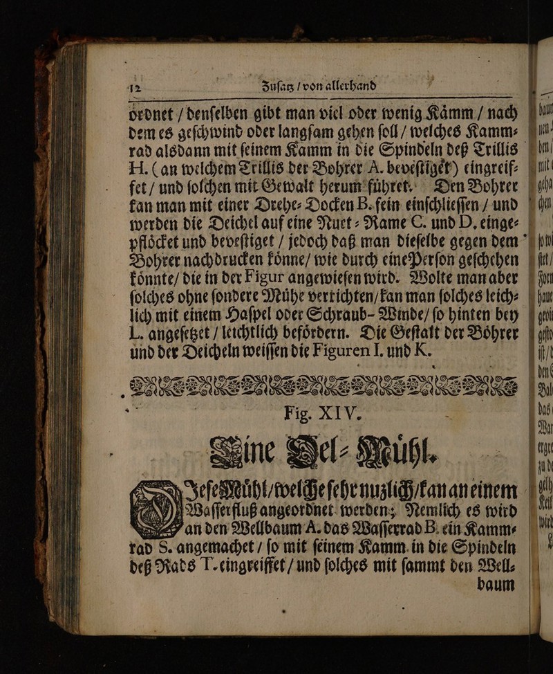 Kai... | Suſatz / von allerhand Nee ordnet / benfelben gibt man viel oder wenig Kaͤmm / nad) dem es geſchwind oder langſam gehen ſoll / welches Kamm⸗ rad alsdann mit ſeinem Kamm in die Spindeln deß Trillis H. (an welchem Trillis der Bohrer A. beveſtiget) eingreif⸗ fet / und ſolchen mit Gewalt herum fuͤhret. Den Bohrer kan man mit einer Drehe⸗Docken B. fein einſchlieſſen / und werden die Deichel auf eine Nuet⸗Rame C. und D. einge⸗ und der Deicheln weiſſen die Figuren J. und K. d AW — rad S. angemachet / ſo mit ſeinem Kamm in die Spindeln deß Rads I. eingreiffet / und ſolches mit ſammt den Well⸗ baum | 12 al I. Eni Em m tou 1 — — :